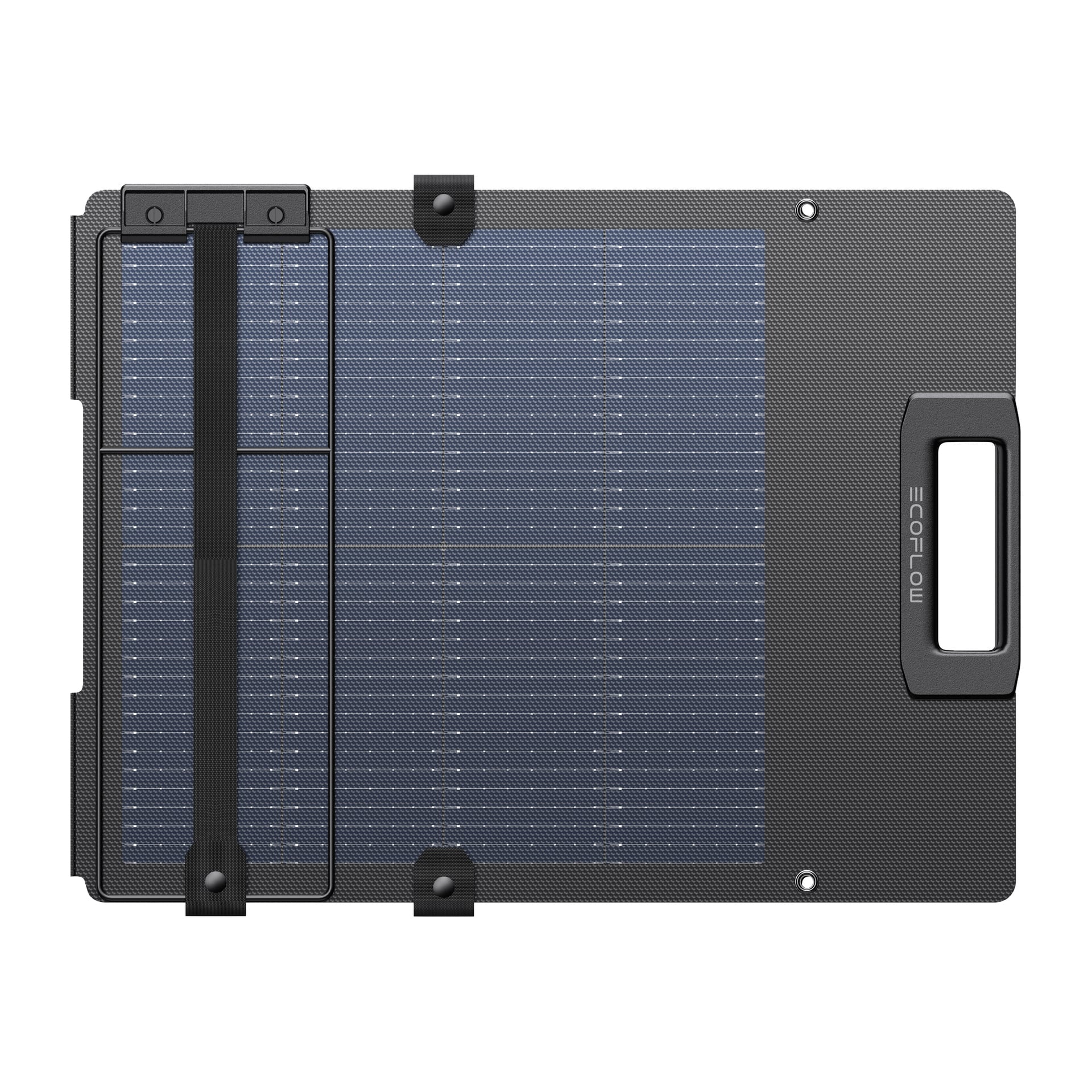 Rektangulär portabel solpanel med mörk ram, handtag till höger, två svarta remmar på vänster sida och ECOFLOW-logga vid handtaget.