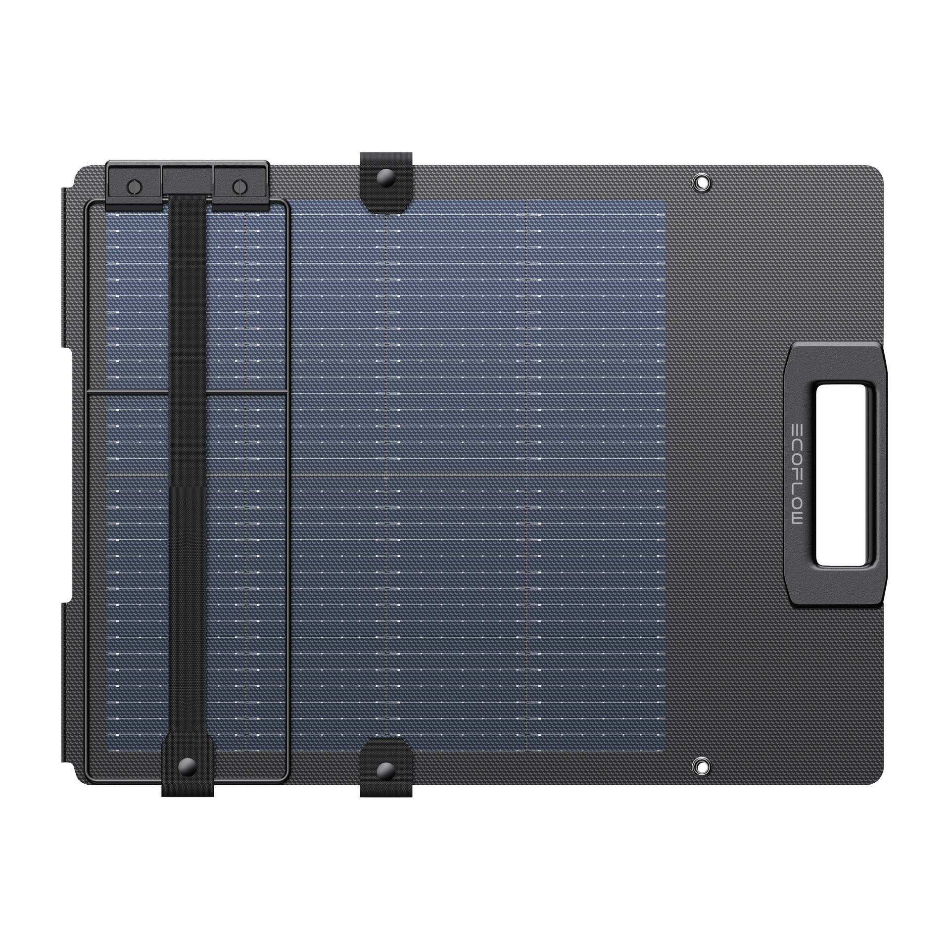 Rektangulär portabel solpanel med mörk ram, handtag till höger, två svarta remmar på vänster sida och ECOFLOW-logga vid handtaget.