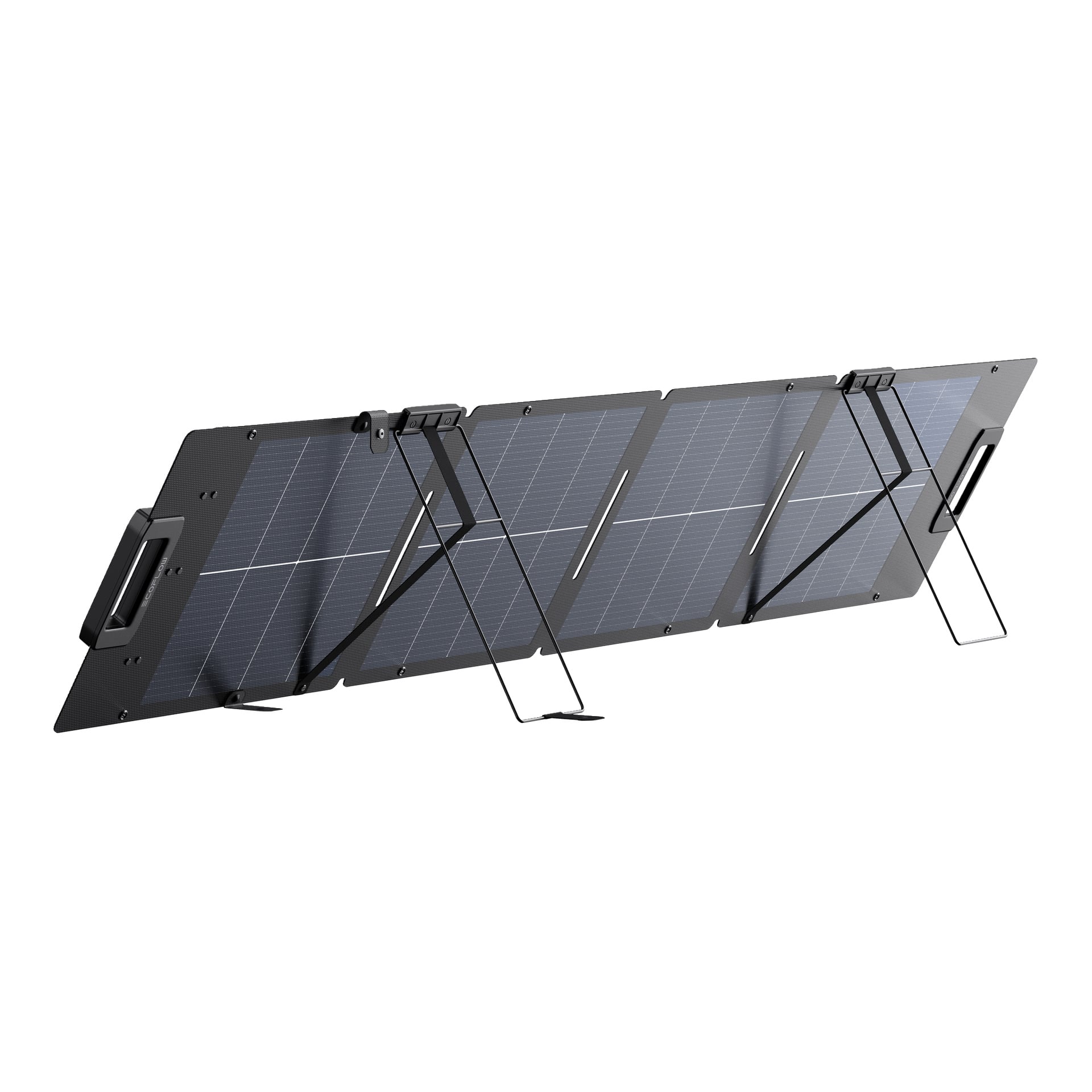 En fällbar solpanel med fyra sammankopplade rektangulära sektioner, upprättstödd av flera metallstativ på baksidan.