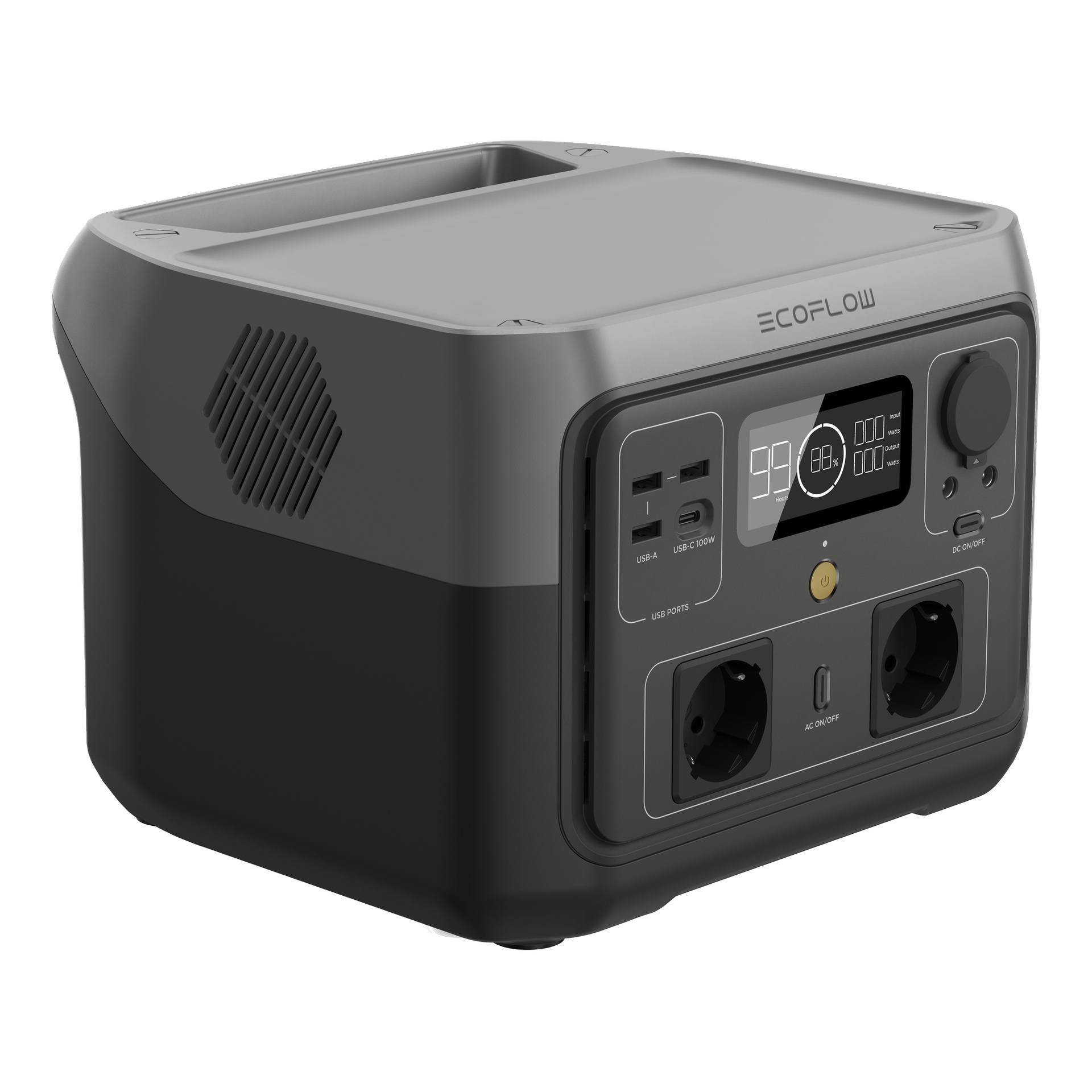 En svart och grå EcoFlow portabel kraftstation med USB-, DC- och AC-portar, samt en LED-display på frontpanelen.