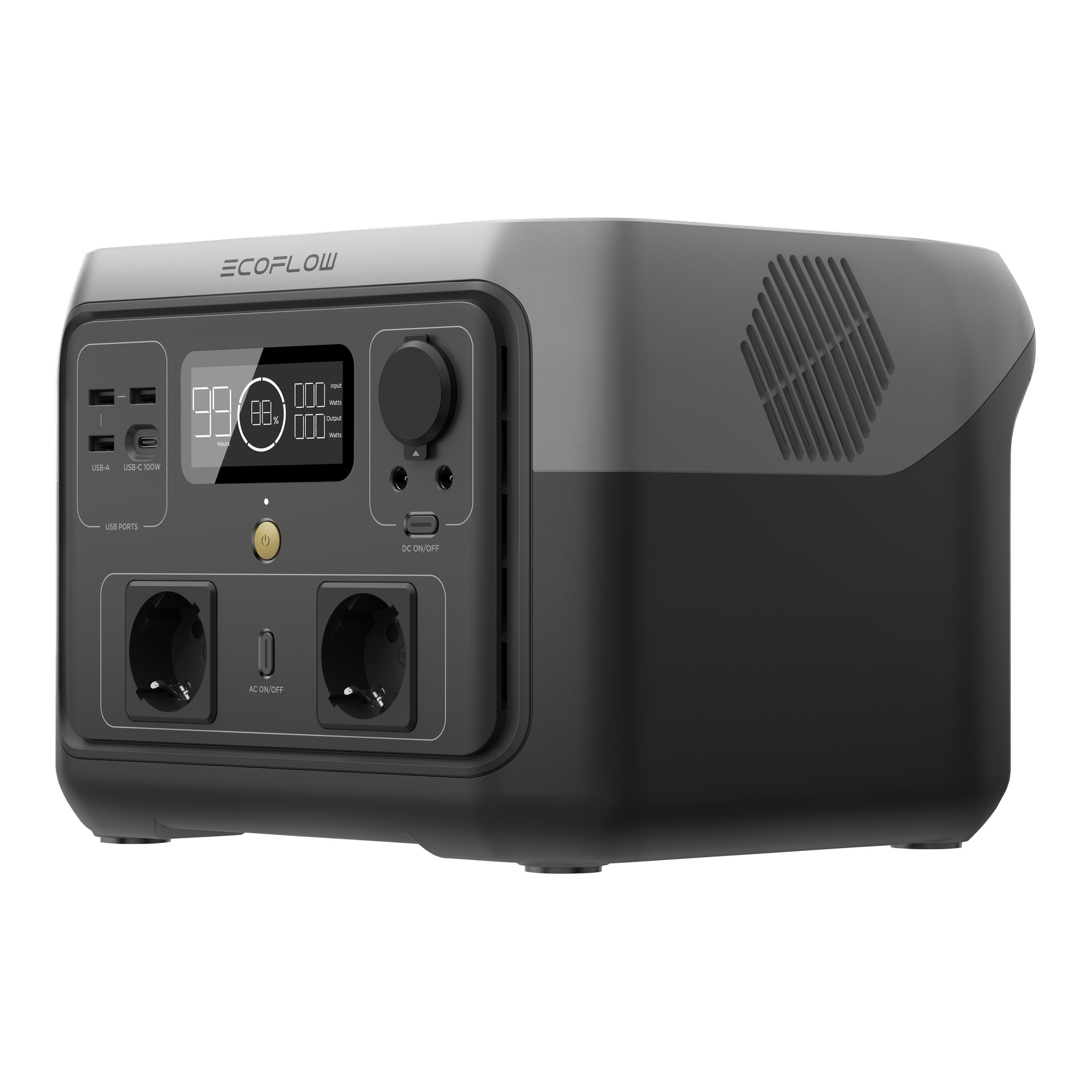 Portabel kraftstation i svart och grått med digital skärm, två AC-uttag, USB- och DC-portar, kontrollknappar och sidoventiler.