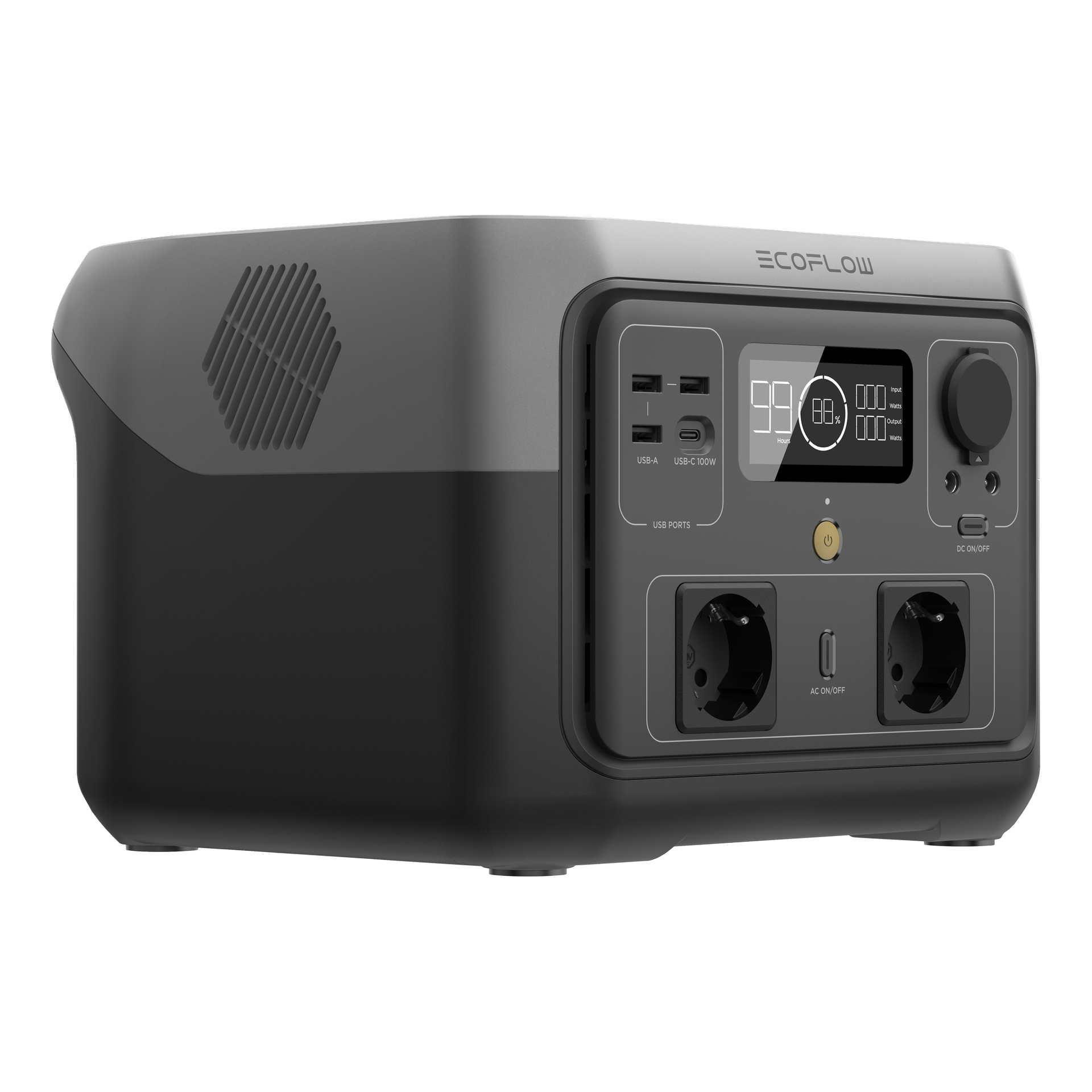 Kompakt svart och grå EcoFlow-kraftstation med flera utgångsportar, LED-batteridisplay och dubbla frontuttag.