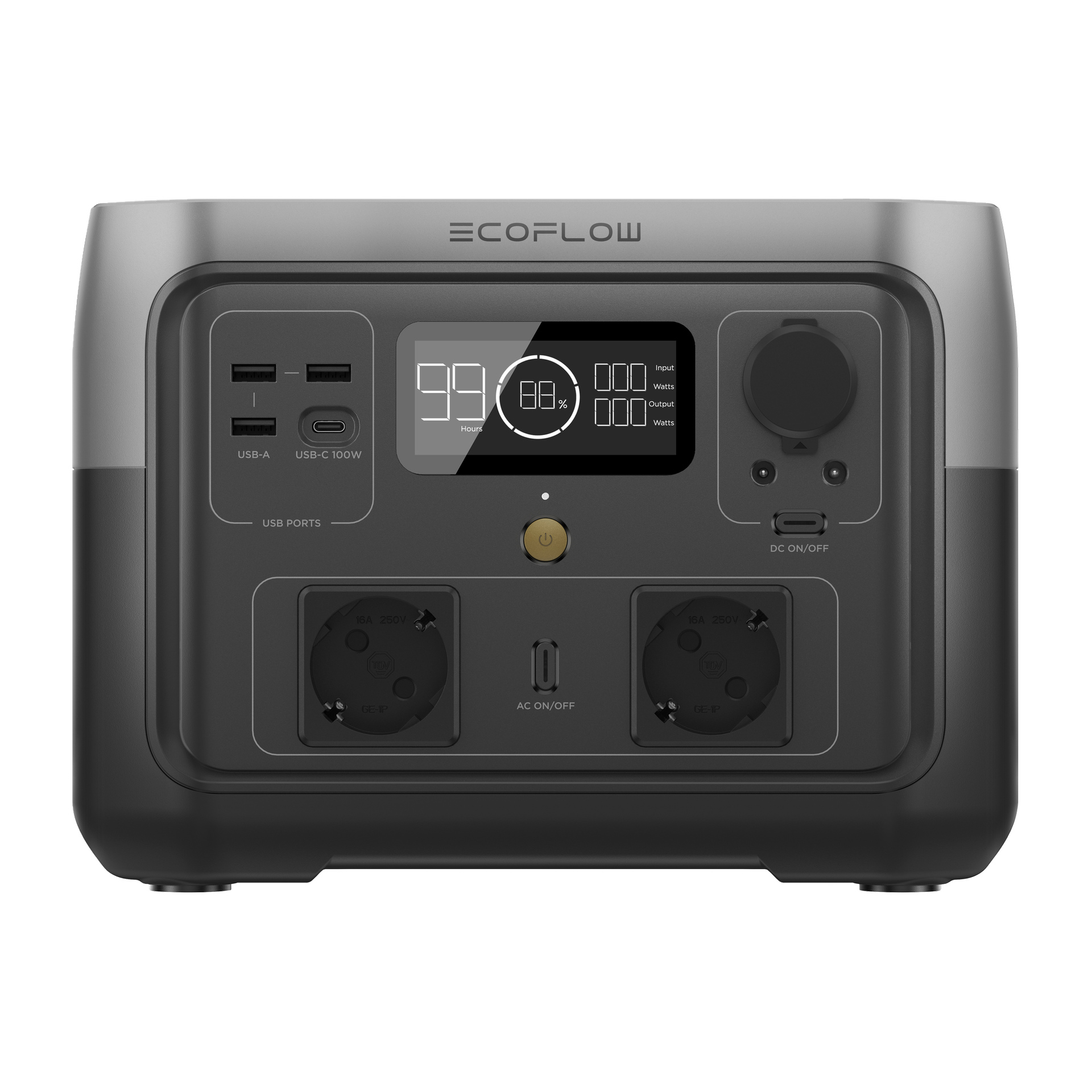EcoFlow portabel kraftstation sedd framifrån, med display, USB-portar, DC-utgång, AC-uttag och kontrollknappar.