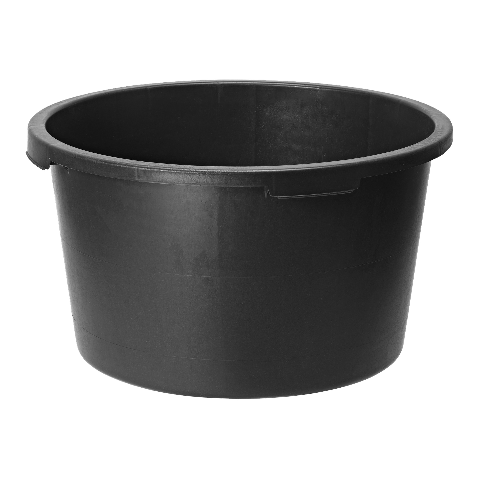 En stor, rund svart plastboks med litt utvidet kant, som sto tom.