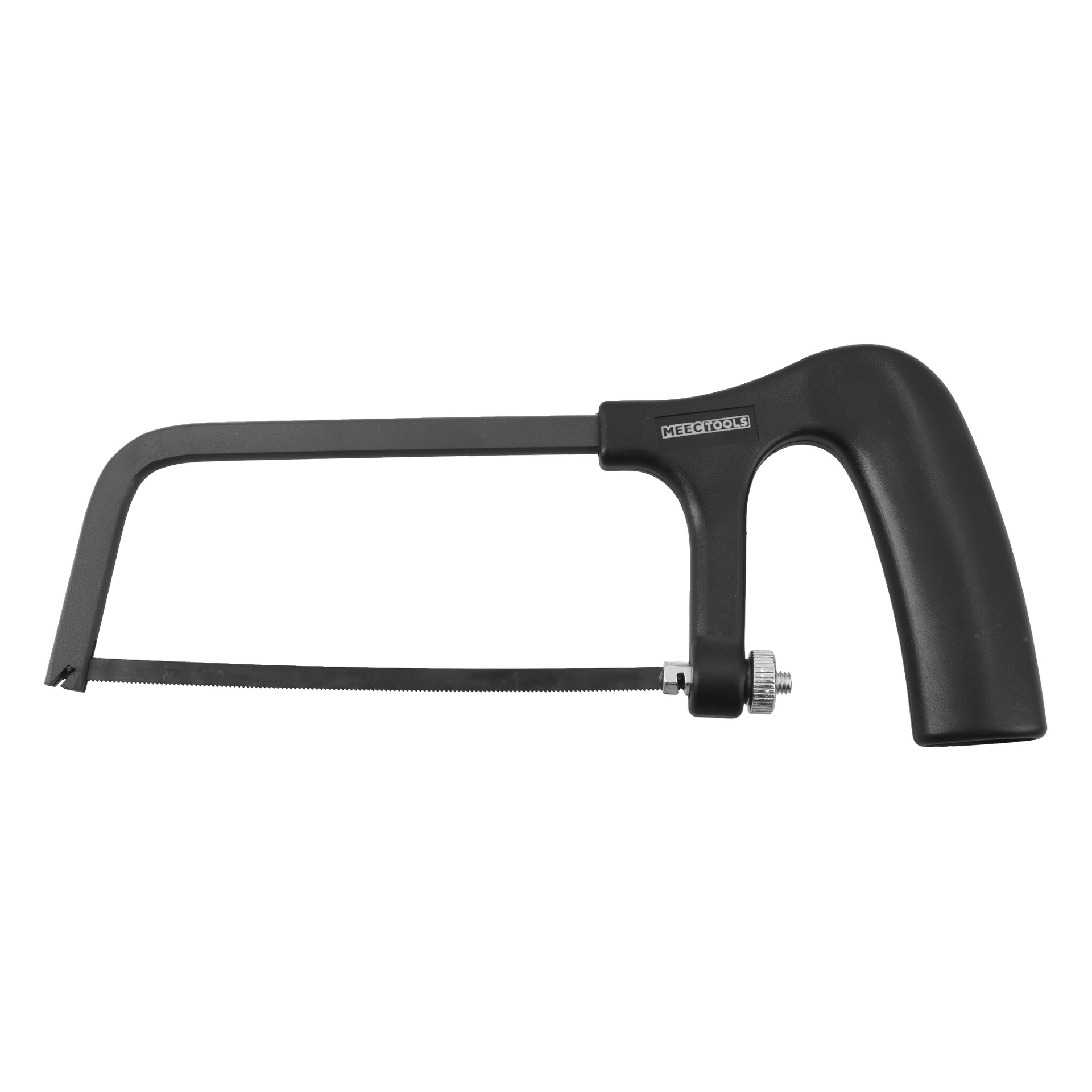 Metallinen rautasahaa, jossa on musta runko ja kahva, ohut sahalaitainen terä, kiristysnuppi ja MEEC TOOLS -brändäys rungossa.