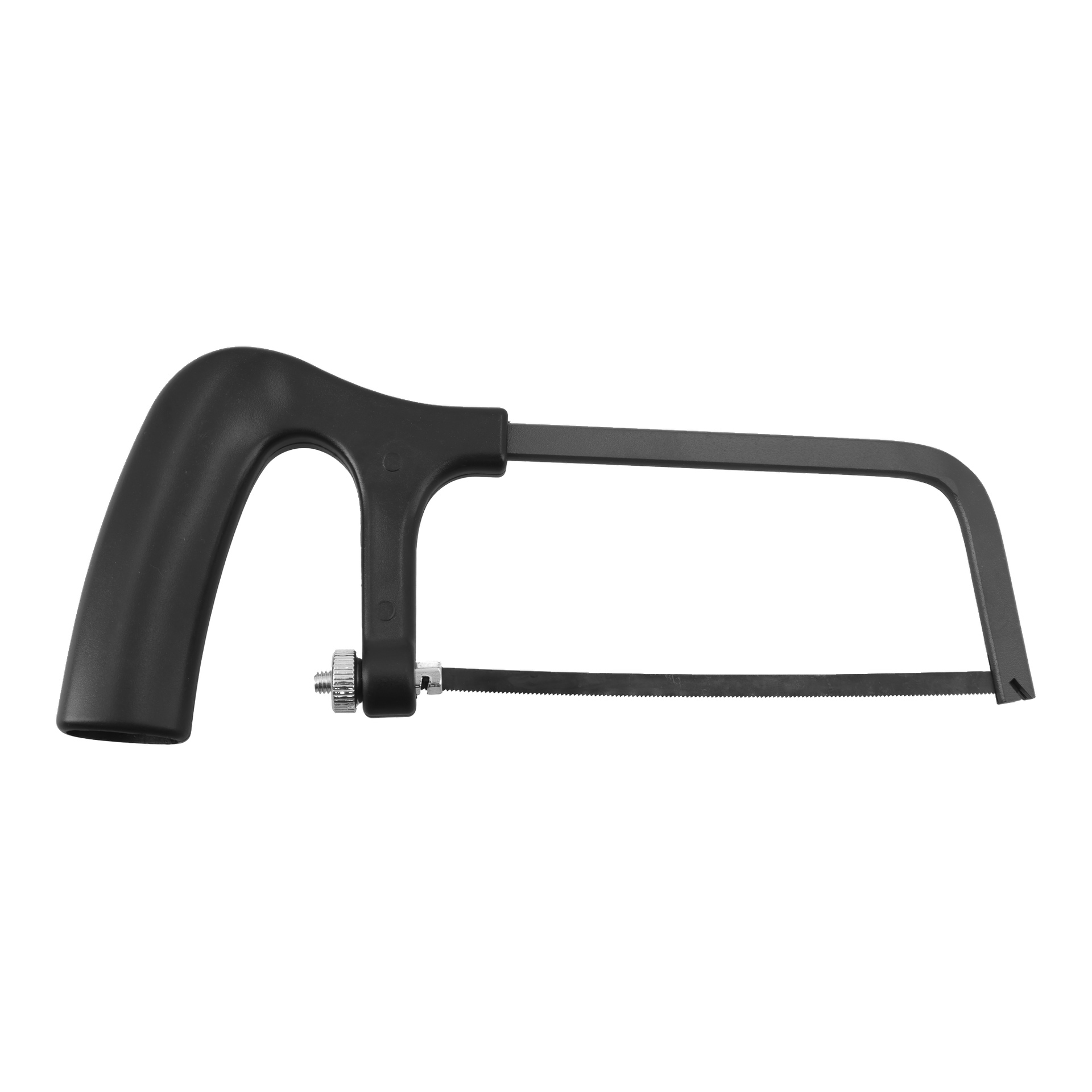 Lähikuva mustasta rautasahasta, jossa on suora terä ja ergonominen kahva.