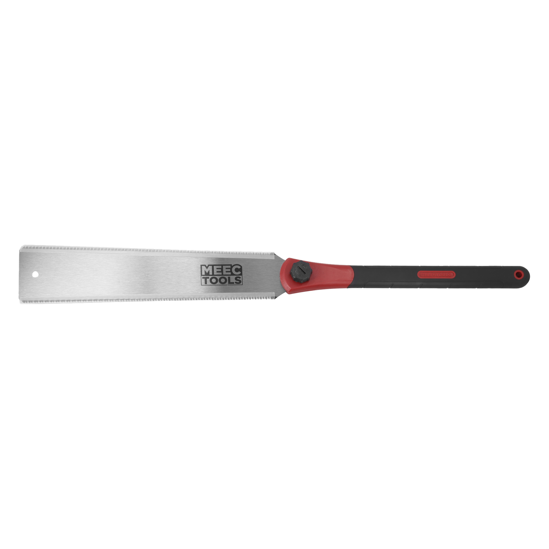 Meec Toolsin käsisaha, jossa on sahalaitainen metalliterä, musta ja punainen ergonominen kahva, logo terässä ja reikä kärjen lähellä.