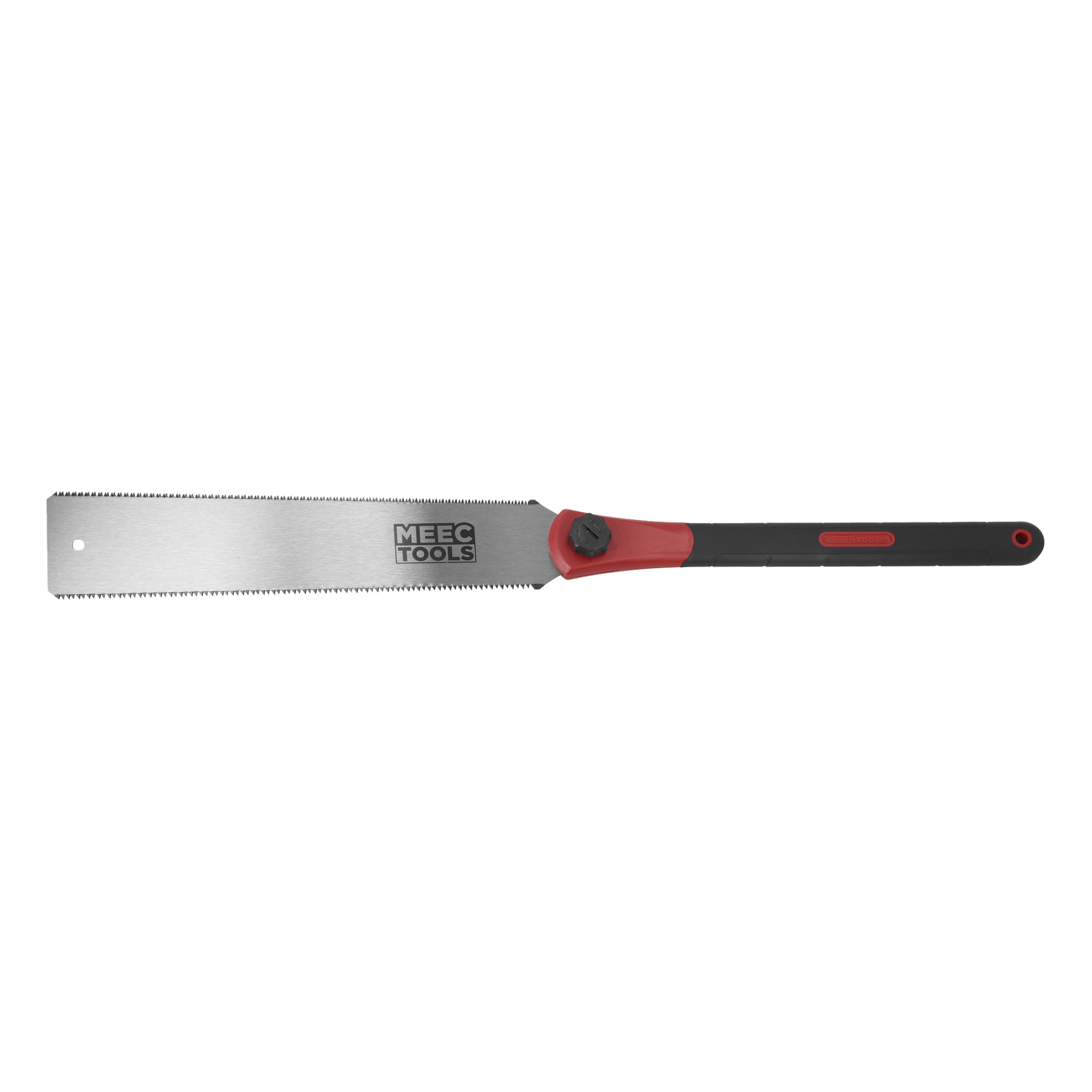 Käsisaha, jossa on pitkä, hienohampainen terä, jossa luki MEECO TOOLS, ja musta-punainen ergonominen kahva, jossa on reikä päässä.
