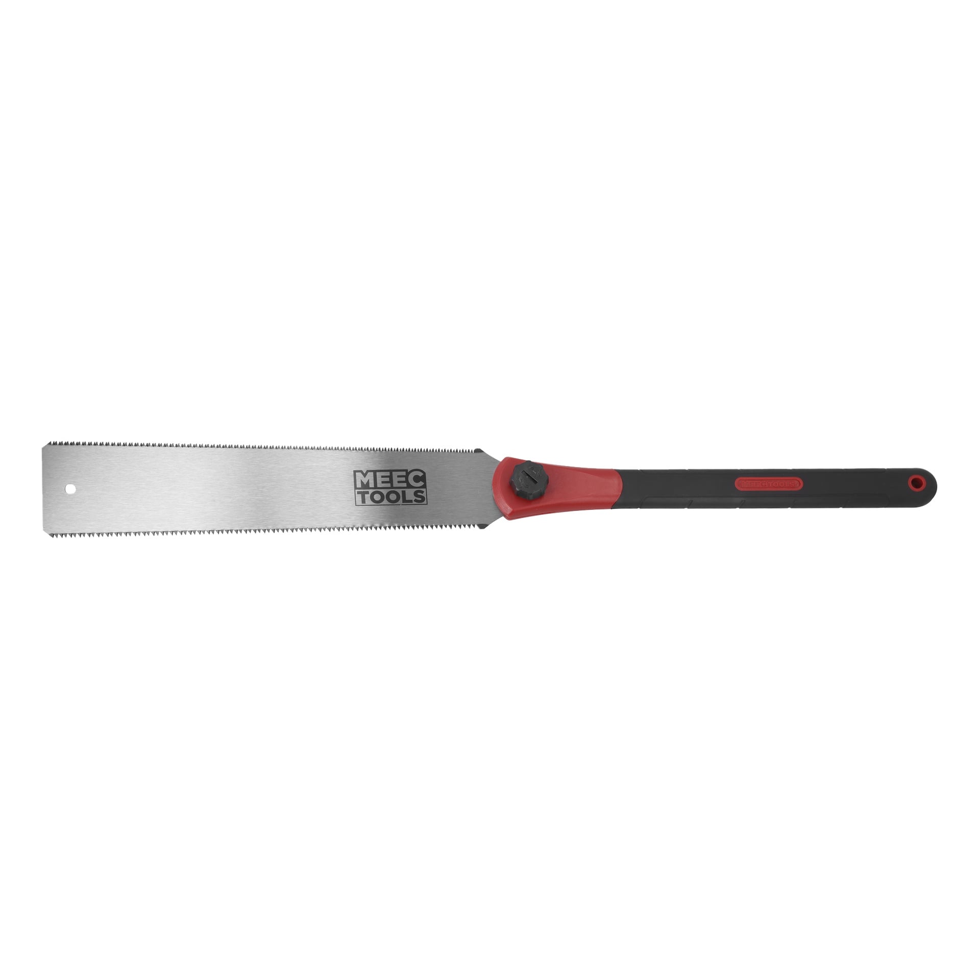 Handsåg med ett långt, fintandat blad märkt MEECO TOOLS och ett svart-rött ergonomiskt handtag med hål i änden.