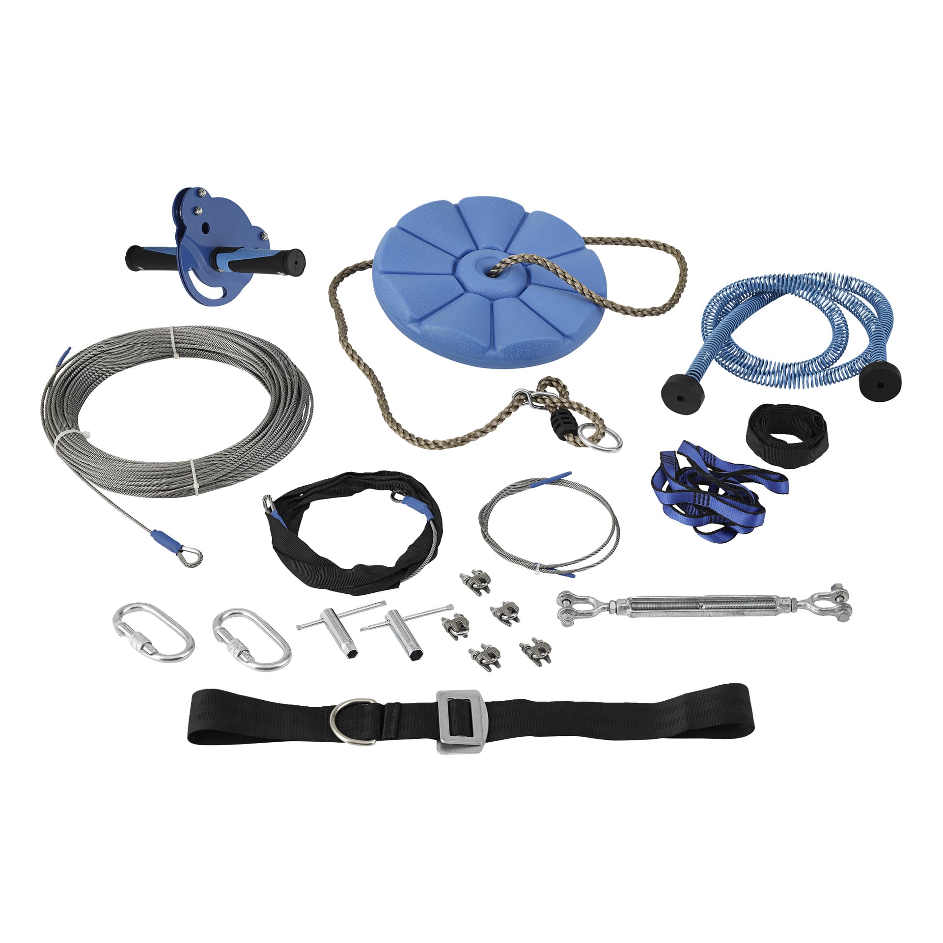 Zipline-Set mit blauem Scheibensitz, Griff, Stahlseil, Seil, Gurten, Karabiner, Klemmen, Turnbuckle und Beschlägen.