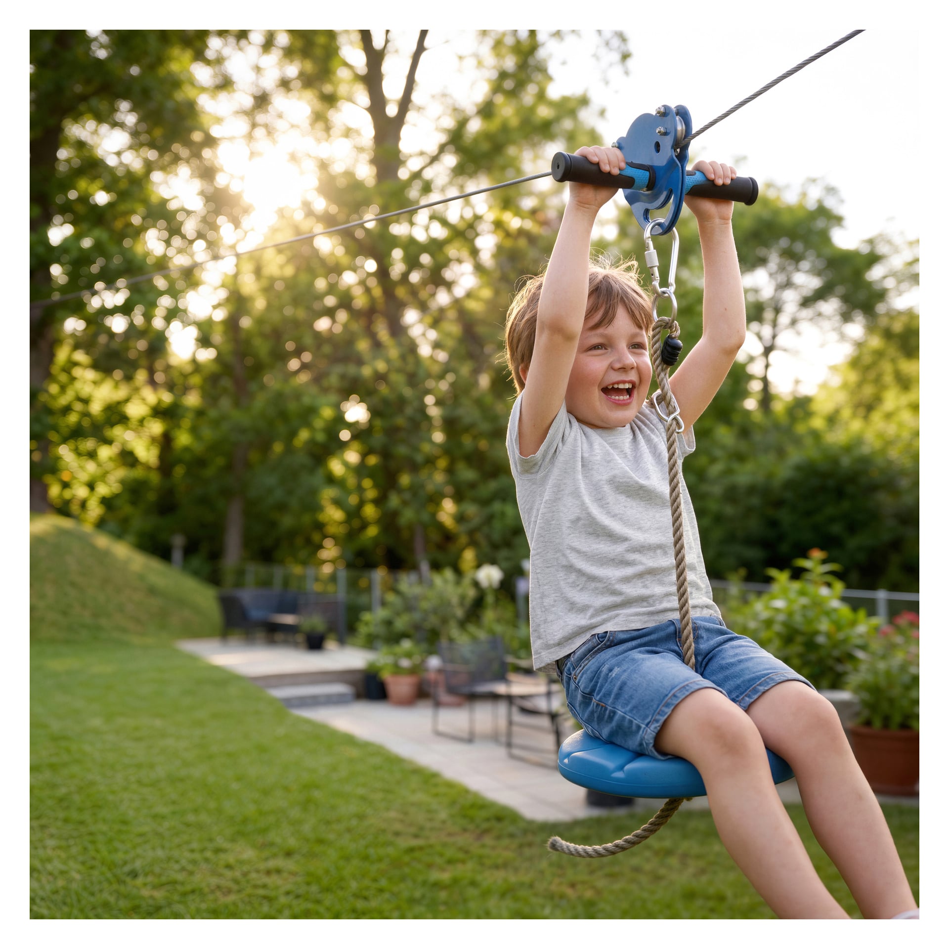 Ein lächelnder Junge in einem grauen T-Shirt und Jeansshorts fährt eine Seilrutsche im Garten mit grünem Gras, Bäumen und Gartenmöbeln hinter sich.