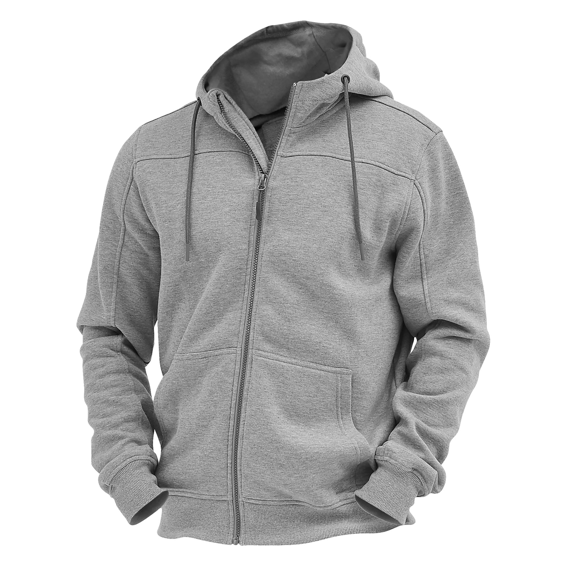 Grå hoodie med dragkedja fram, två fickor, huva med dragsnören och resåriga muddar och fåll på en osynlig docka.