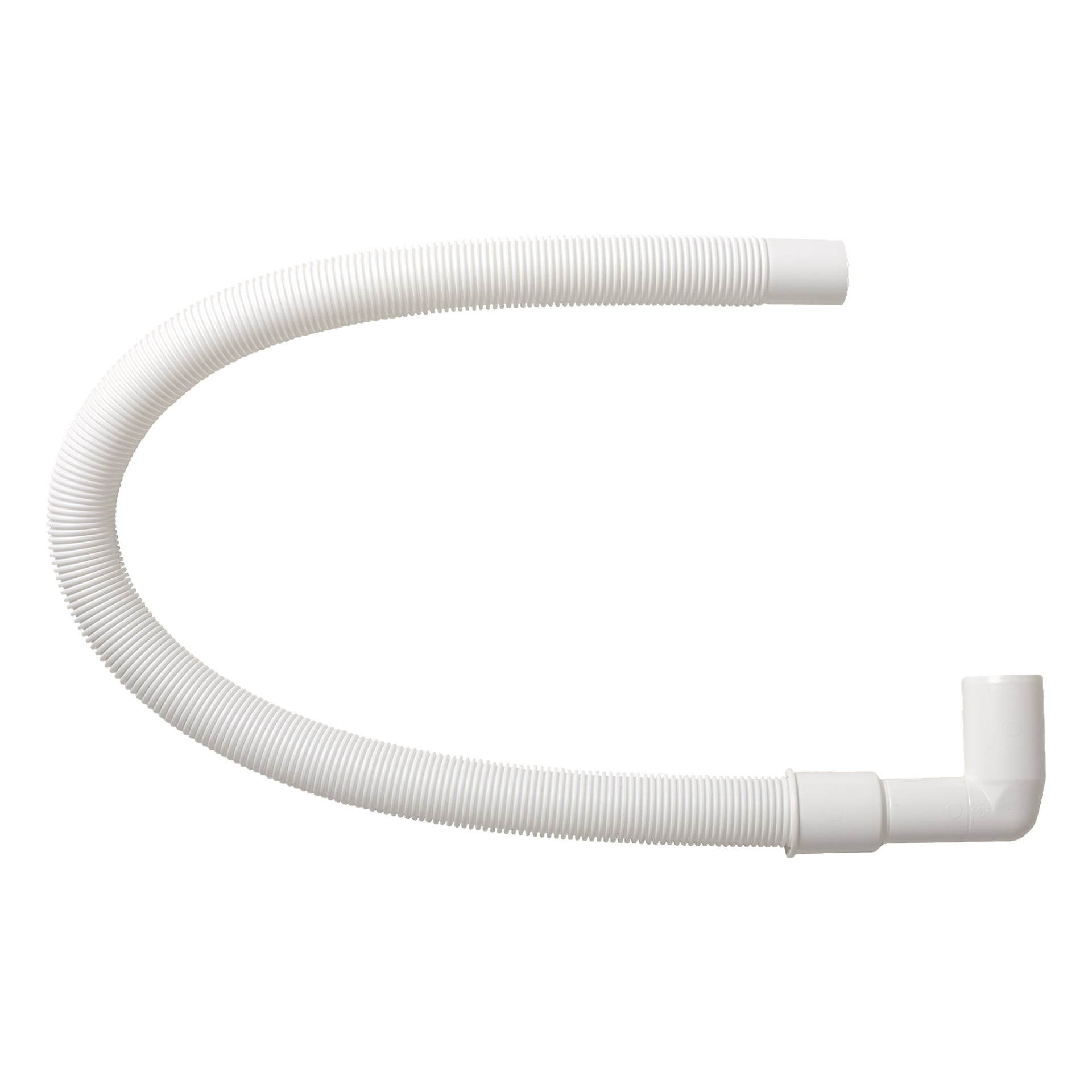En vit korrugerad Prevex flexibel dräneringsslang med en böjd design, med ena raka änden och den andra fäst vid en rätvinklad armbågskoppling.