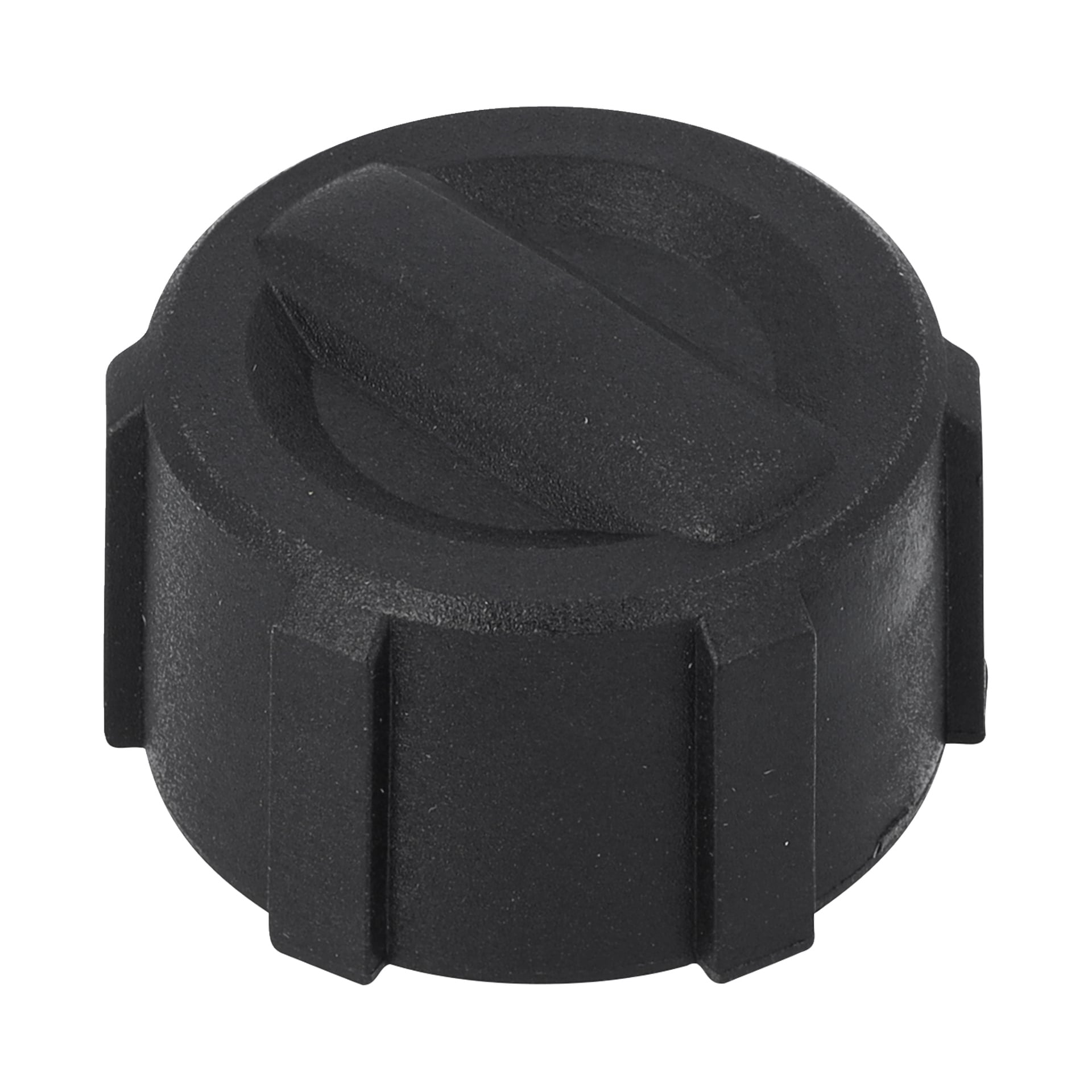Oil Filler Cap Cpl F. 011229 är en svart plastlock med räfflad kant och platt, vinklad topp.
