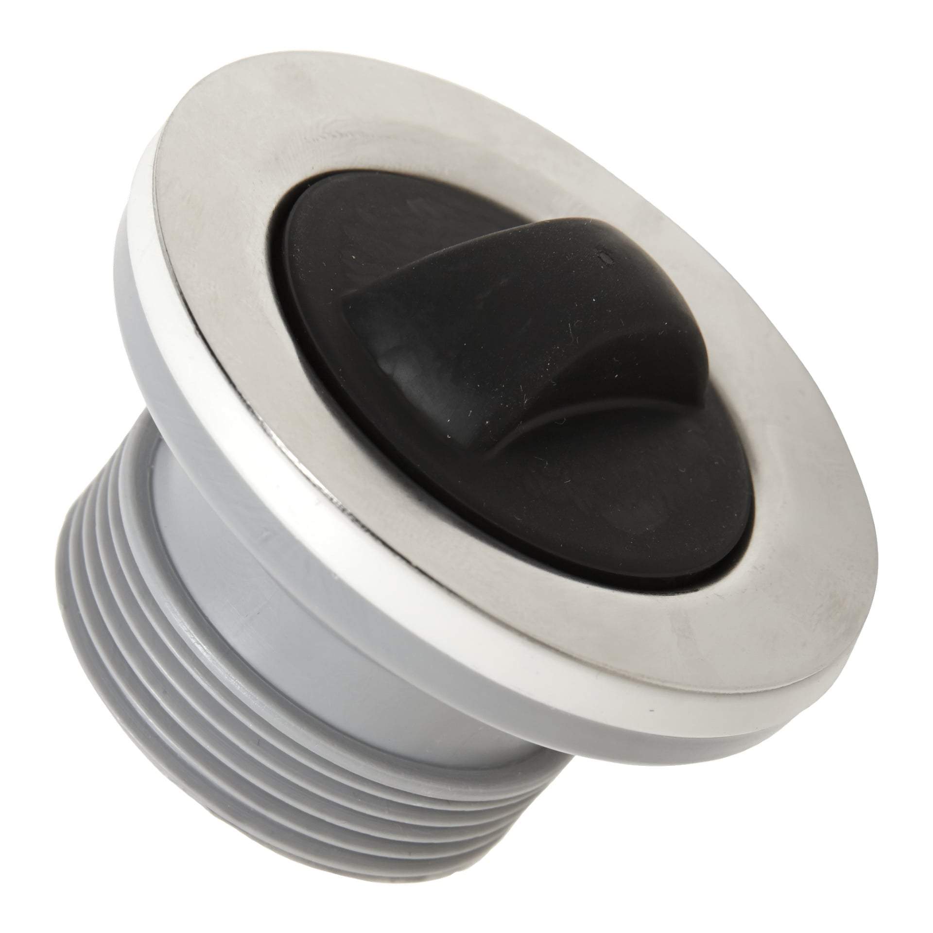 En närbild av Prevex Waste-outlet framhäver dess runda, gängade plastkropp med metallkant och ett centralt svart vridhandtag.