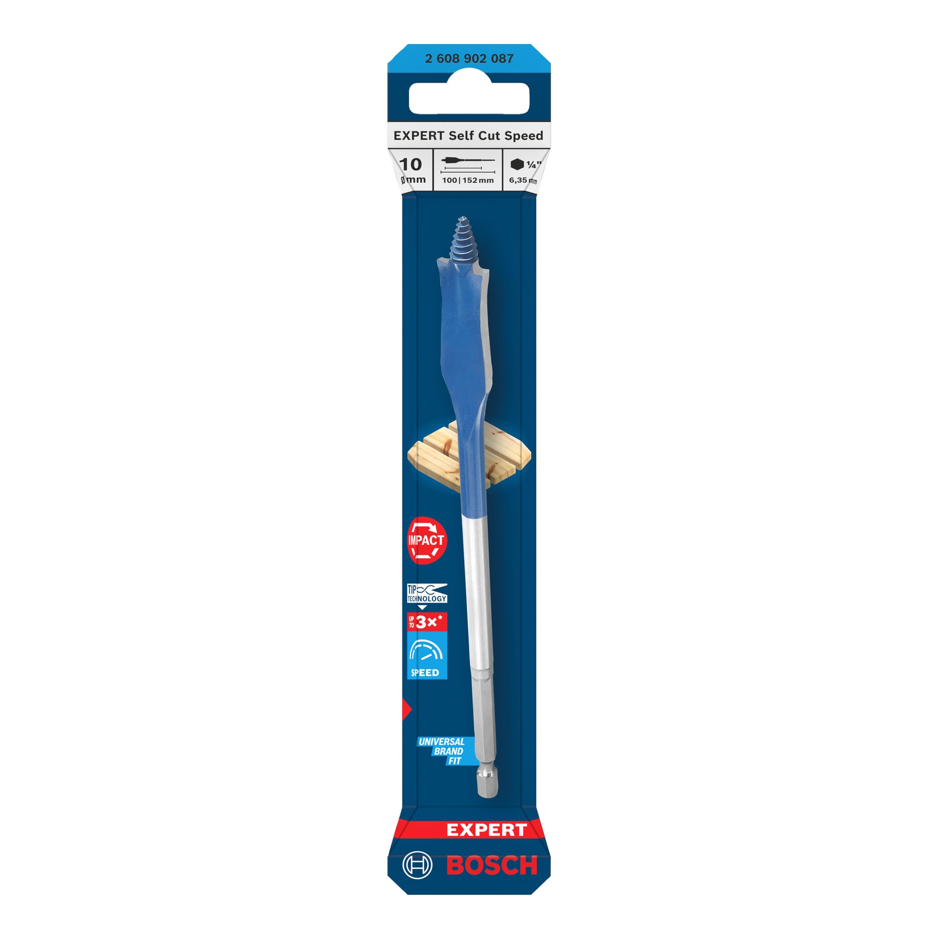 Bosch Expert Self Cut Speed bor i blå og sølvfarget emballasje, merket 10 mm x 152 mm, som fremhever holdbarhet og kompatibilitet.