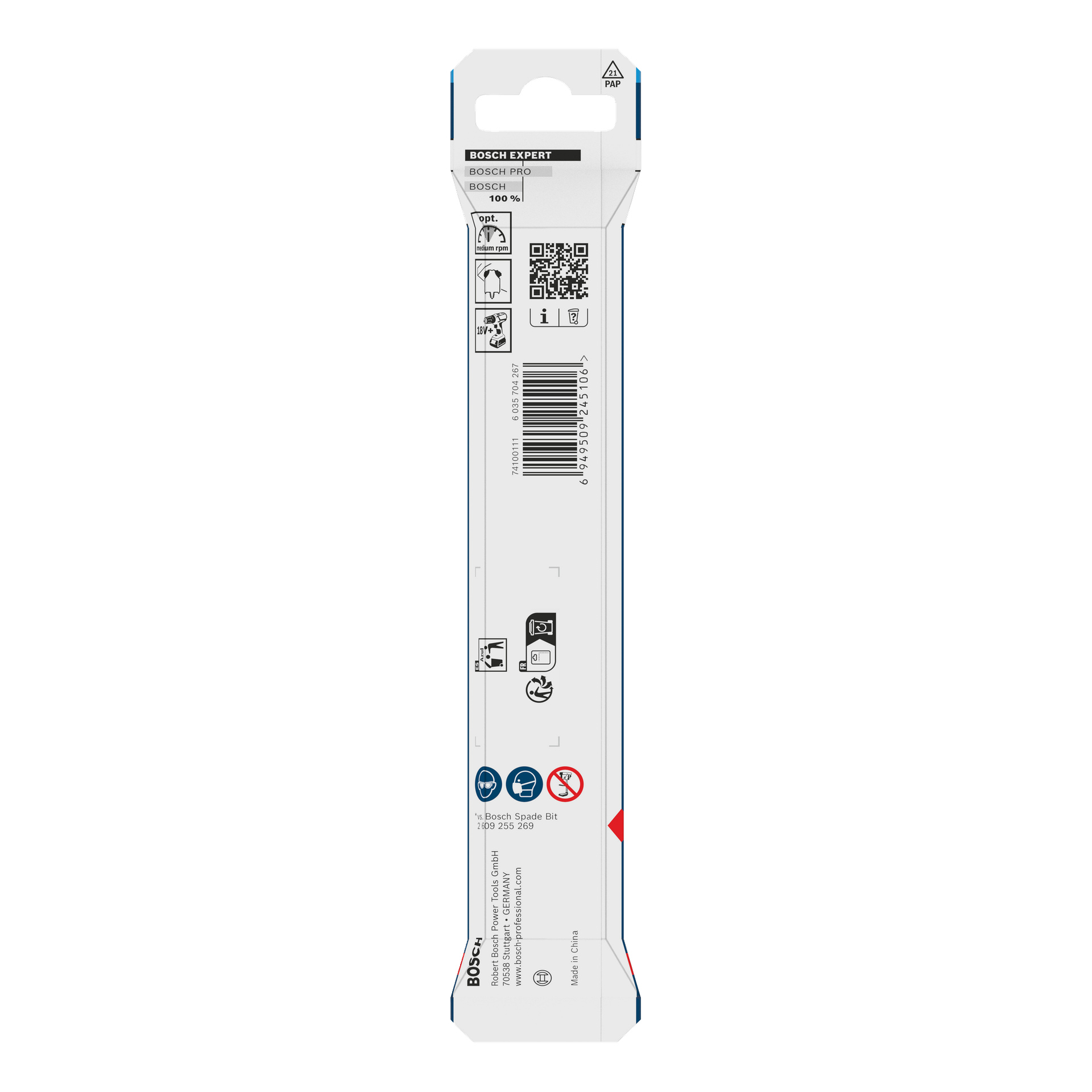 Auf der Rückseite der Bosch Expert-Verpackung sind Barcodes, QR-Codes, Sicherheitssymbole, Produktinformationen und Anweisungen in schwarzen Grafiken zu sehen.