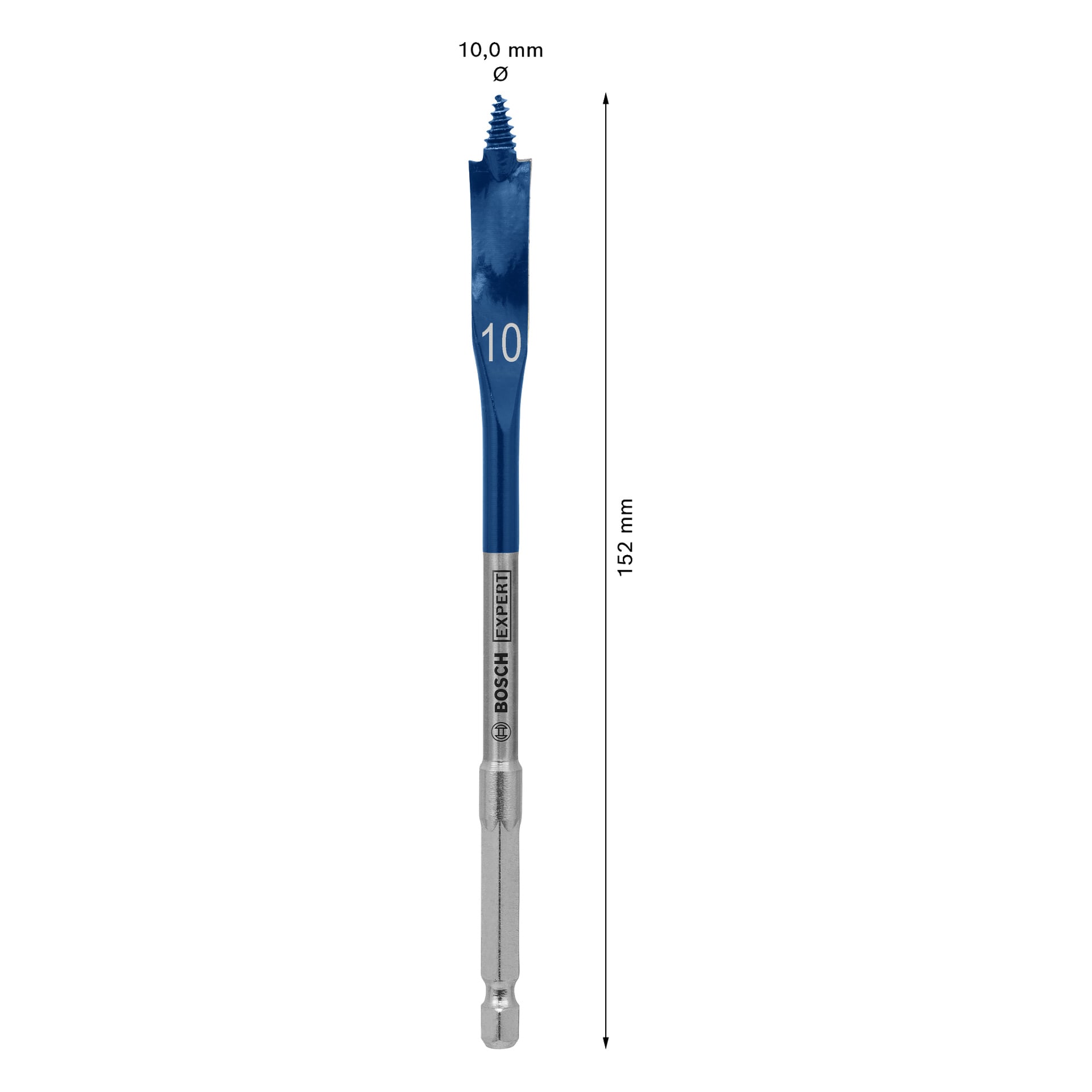Bosch Expert-bor med blå spiralspiss merket 10, sekskantsskaft, 10,0 mm diameter og lengde på 152 mm.