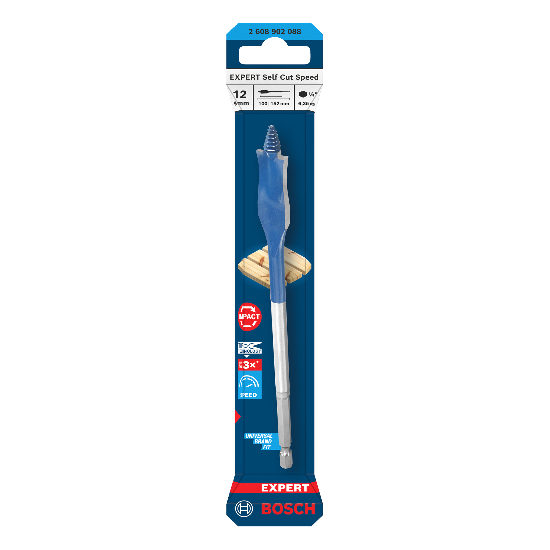 En pakket Bosch Expert Self Cut Speed spadebor, 12 mm, blå og sølv, med egenskaper som slagstyrke og 3x hastighet vist.