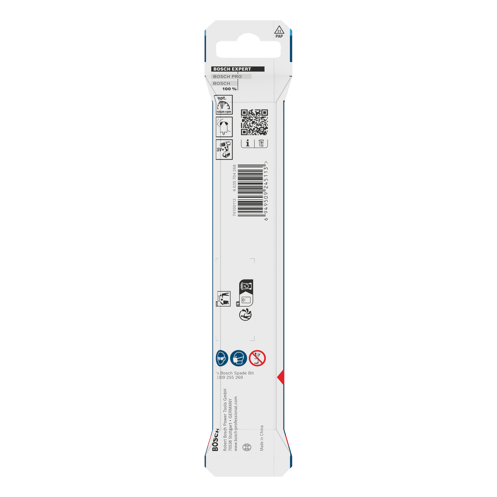 Bakside av Bosch Expert T30 25mm skrutrekkerbitpakning med detaljer, strekkode, sikkerhetsikoner, QR-koder og resirkuleringssymbol.