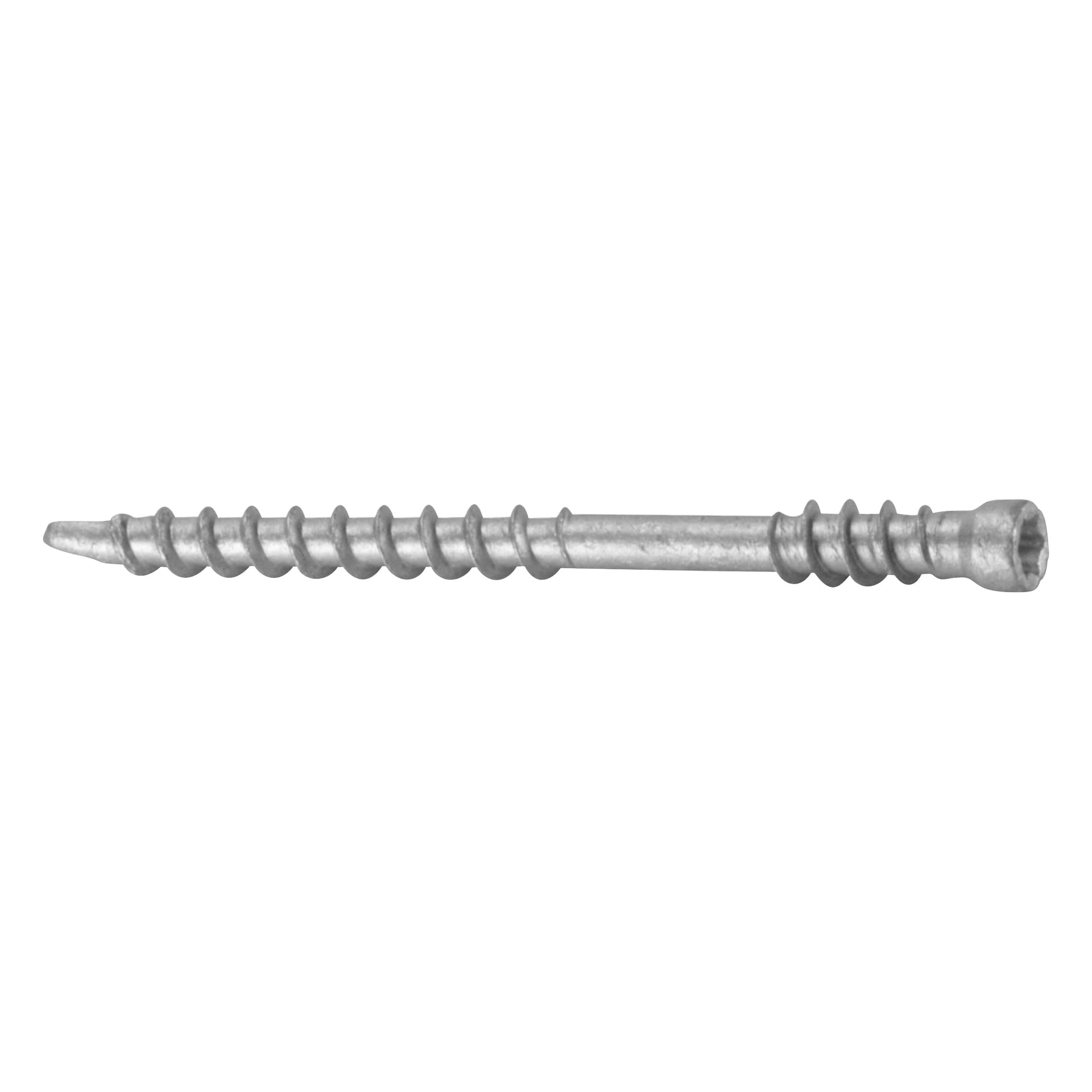 En närbild på en enda metallskruv med spetsig spets, spiralformade gängor och ett platt slitsat huvud, liggande horisontellt.