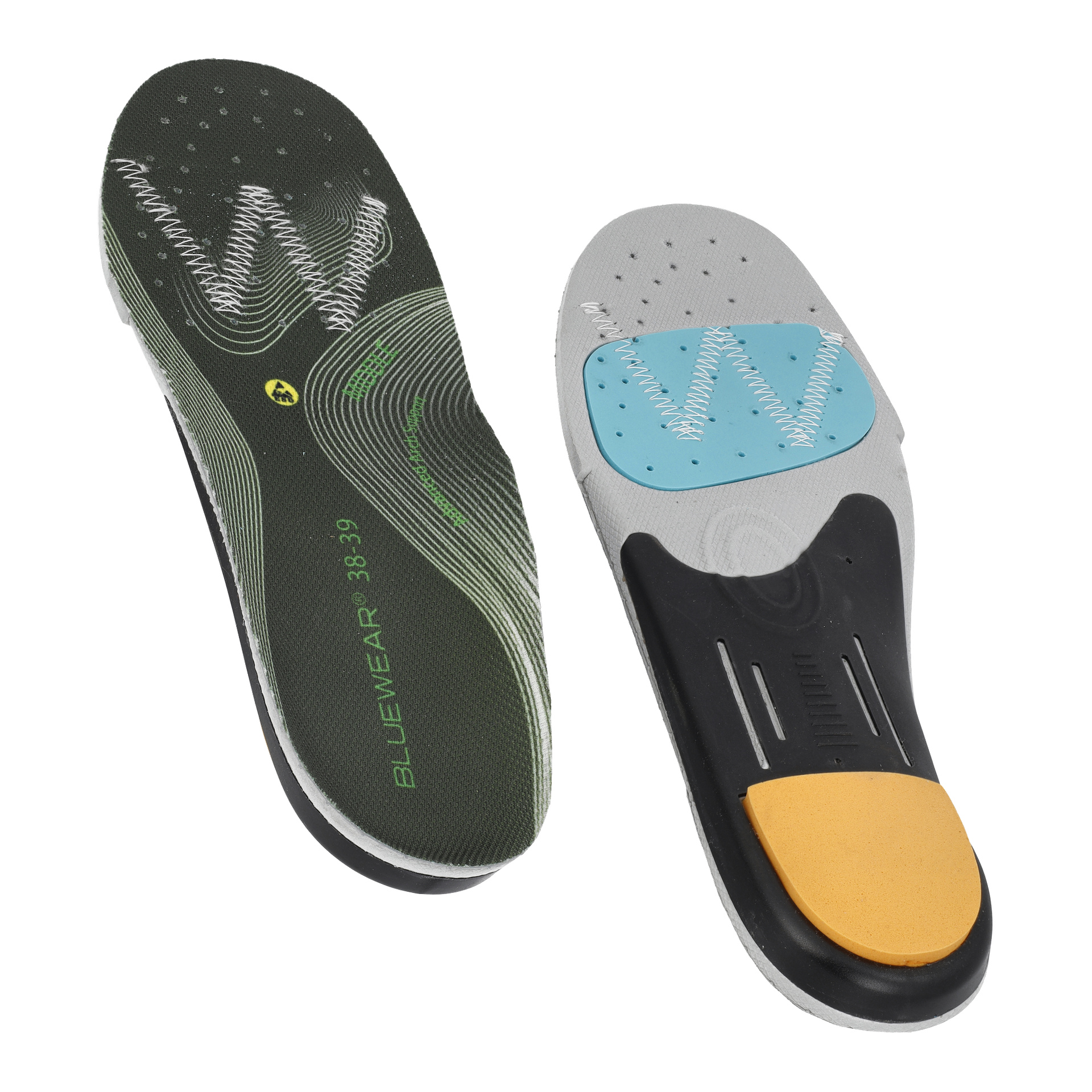 En grön innersula med "BLIEWEAR 38-39" och en vit design står bredvid en grå, blå, svart och gul innersula med ventiler och textur.