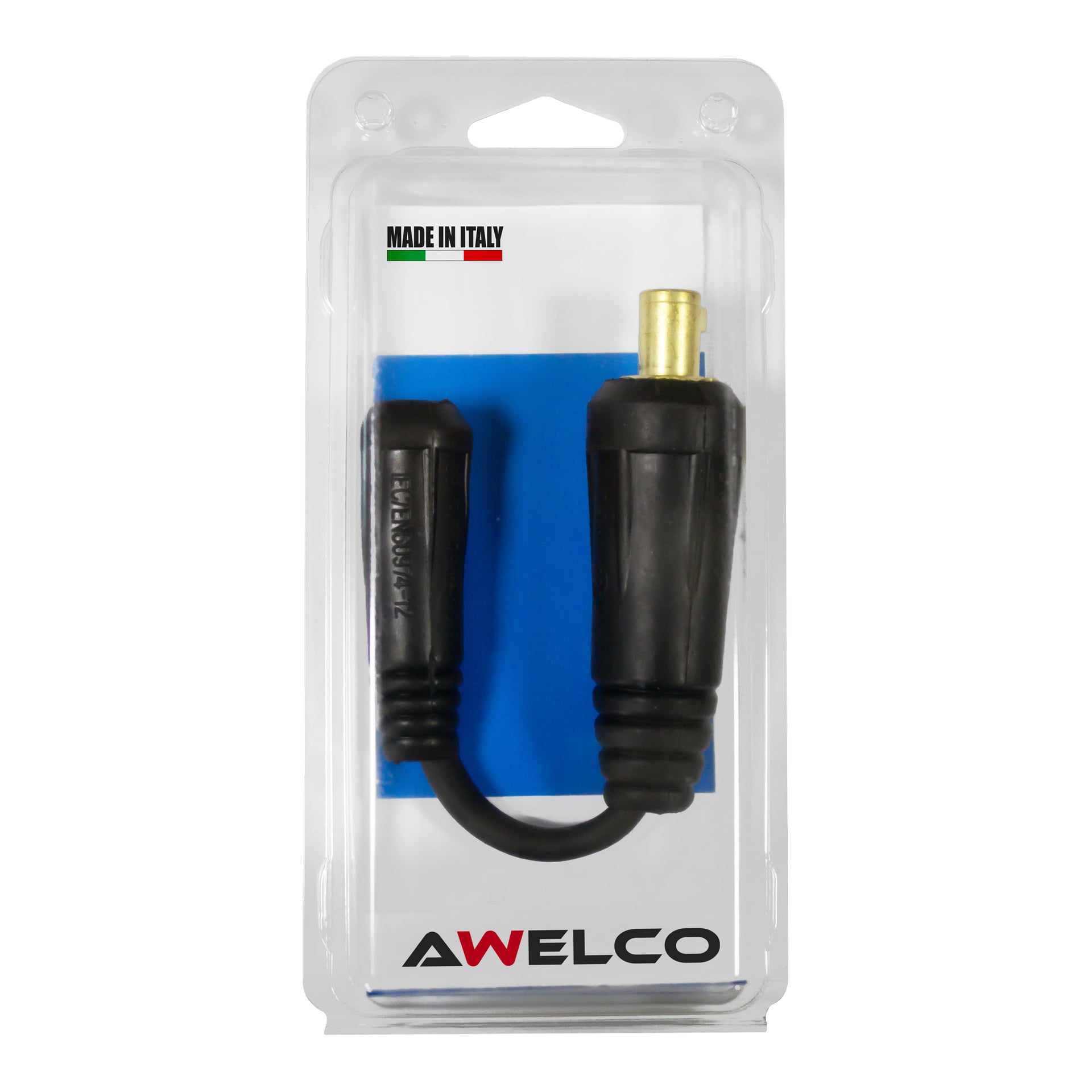 En svetsadapter med svart kropp och guldkontakt är förpackad i klar plast med märket "MADE IN ITALY" ovanför och "AWELCO" nedan.
