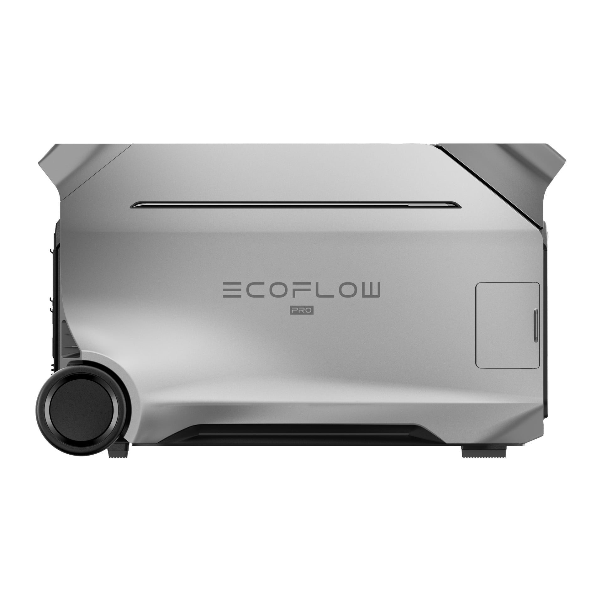Framsida av en grå EcoFlow Pro portabel kraftstation med en rund ventil till vänster, panel till höger och EcoFlow-logotypen centrerad.