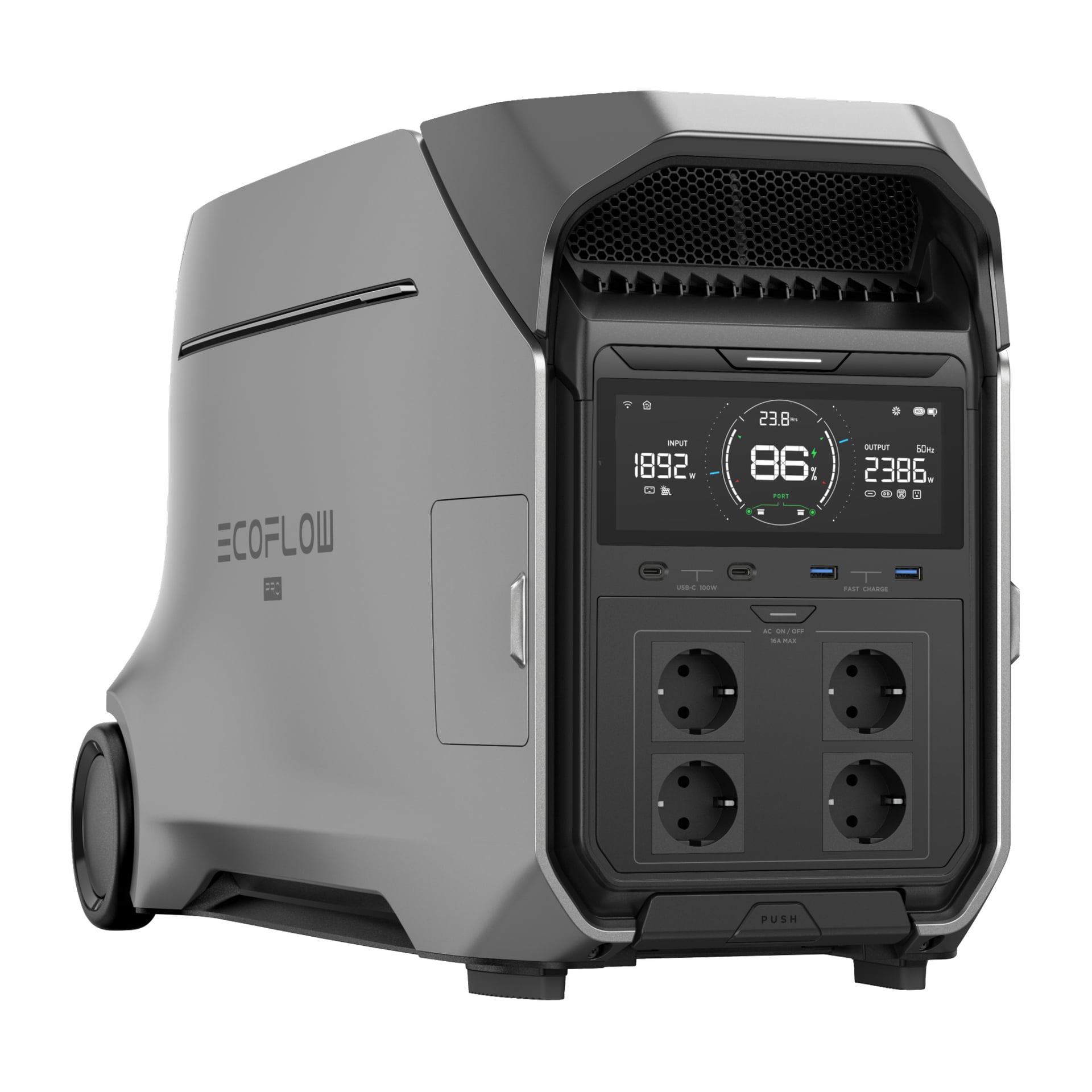Ett hjulförsedd EcoFlow-kraftverk har fyra europeiska uttag, flera batteri- och utgångsskärmar samt en slank modern design.