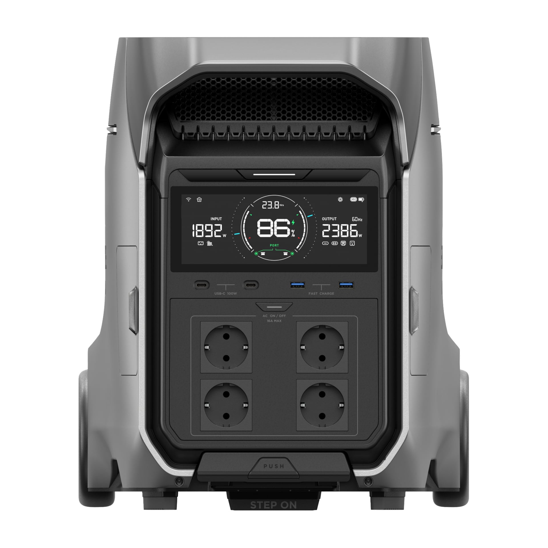 Grå portabel kraftstation med robust design, digital display, 4 europeiska uttag, 2 USB-portar och 2 DC-utgångar på frontpanelen.