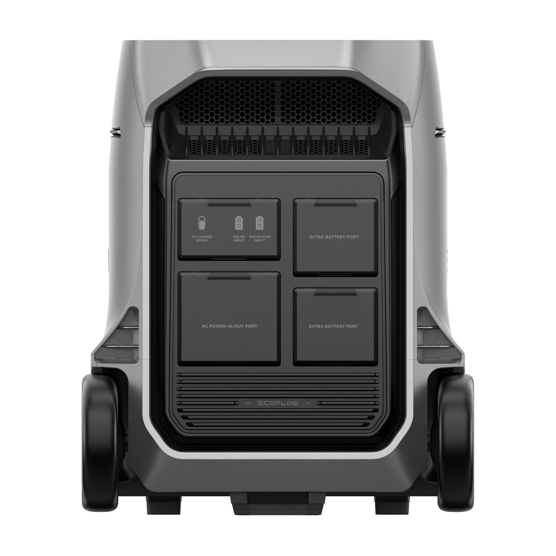 Bakre närbild av en portabel kraftstation med panelen öppen, med fyra märkta portar och två stora hjul längst ner.