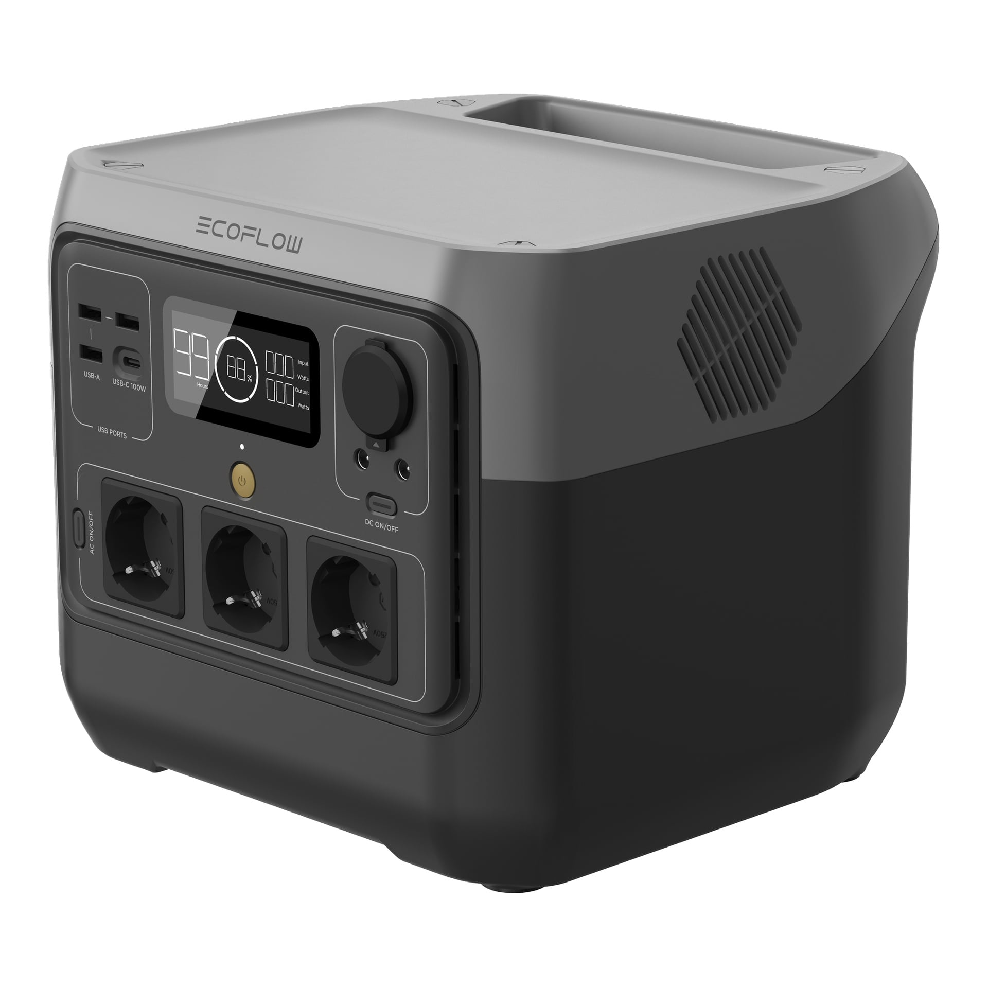 Ett kompakt EcoFlow-kraftverk med tre AC-uttag, olika USB-portar, en skärm, frontknappar och ett övre handtag. Svart och grått.