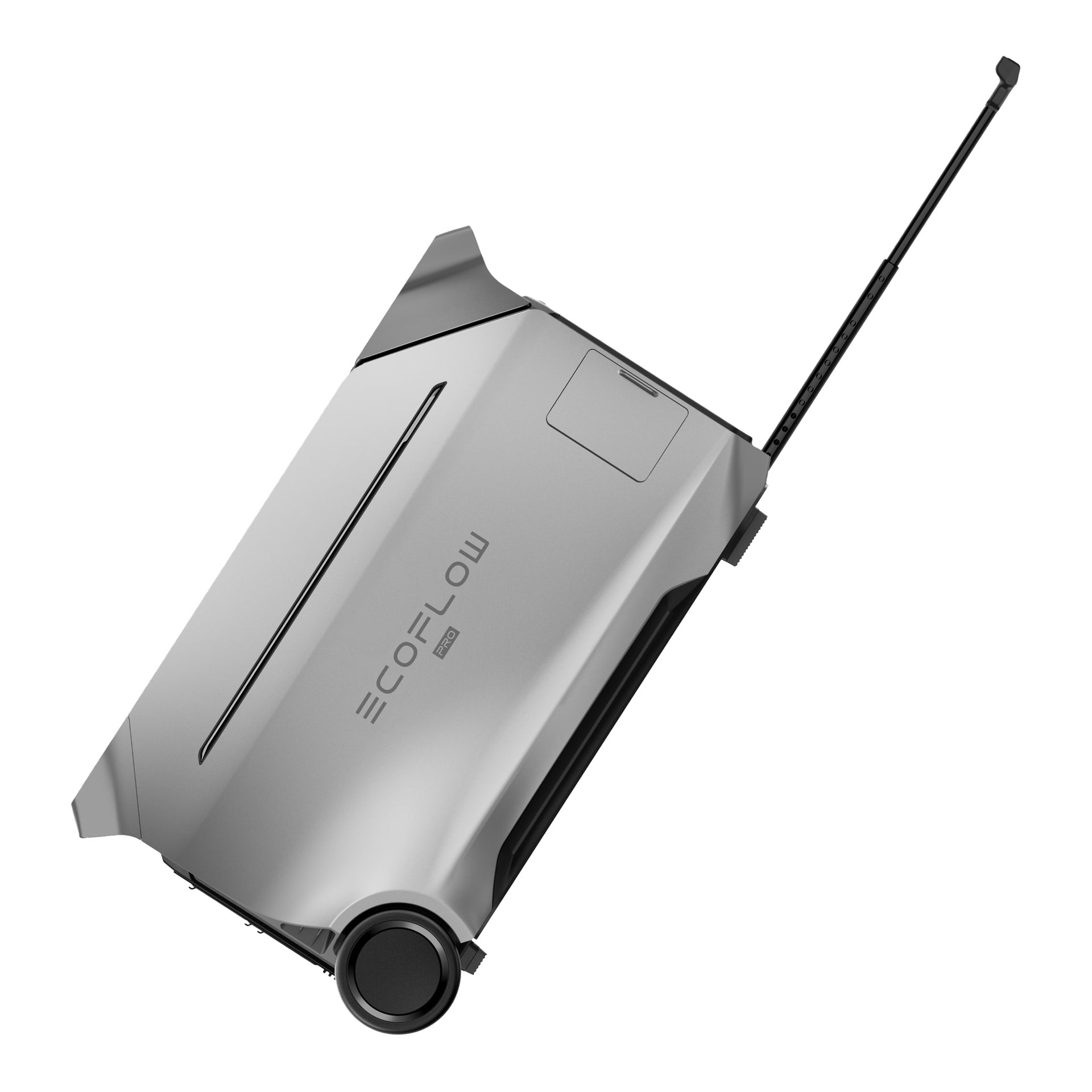 En silverfärgad EcoFlow-enhet med två svarta hjul och ett teleskophandtag, visad i en vinkel.