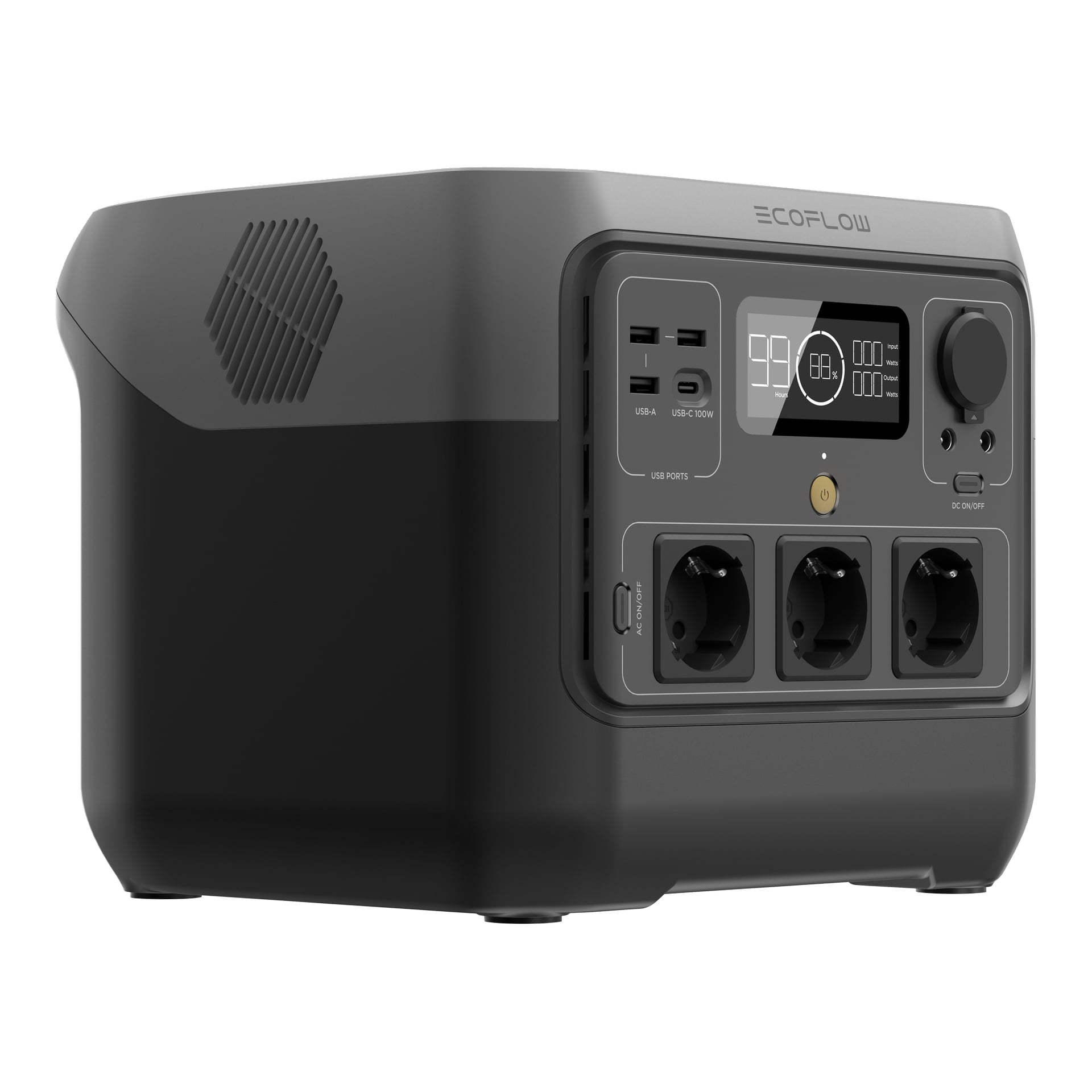 Svart EcoFlow portabel kraftstation med tre europeiska uttag, fyra USB-portar, bildskärm och kontrollknappar framtill.