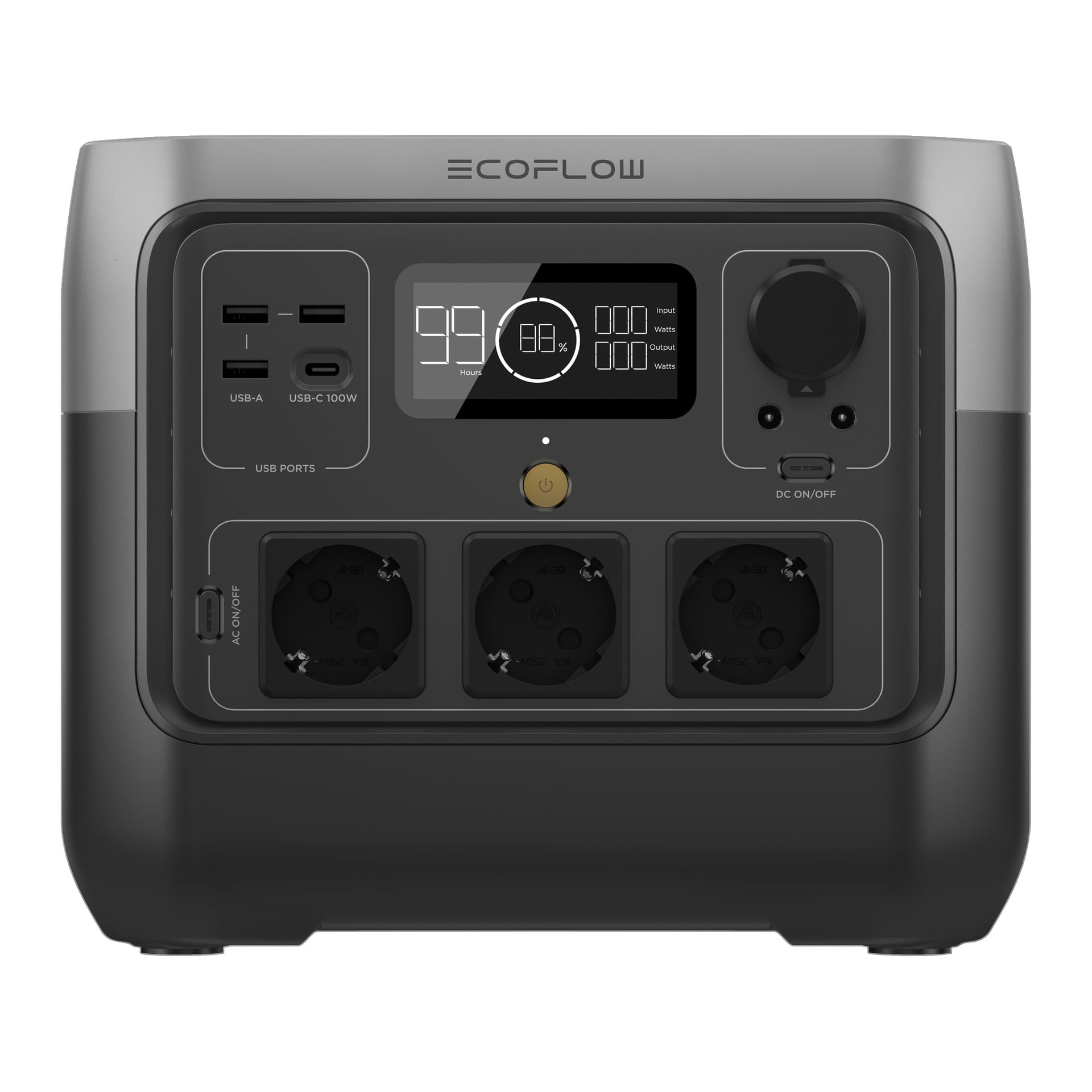 Portabel EcoFlow-kraftstation med digital skärm, flera USB-, AC- och DC-portar, samt knappar på frontpanelen i grått och svart.