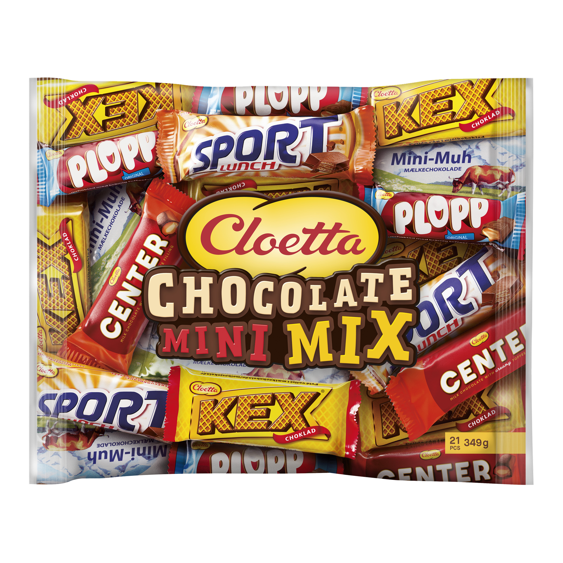 Cloetta Chocolate Mini Mix -laukku, jossa näkyvät minibaarit—Kex, Sport Lunch, Plopp, Mini-Muh ja Center—kirkkaan pakkauksen sisällä.