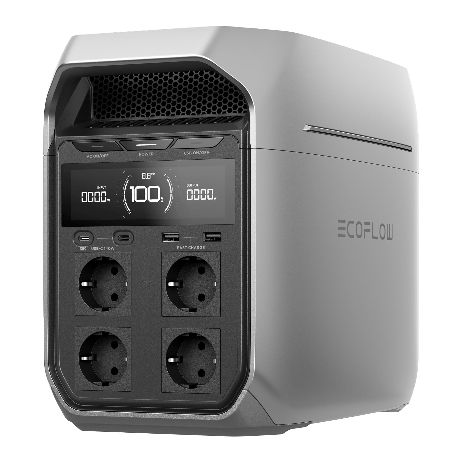 En silverfärgad ECOFLOW-portabel kraftstation med en digital skärm, fyra cirkulära uttag, flera knappar och USB-portar på framsidan.