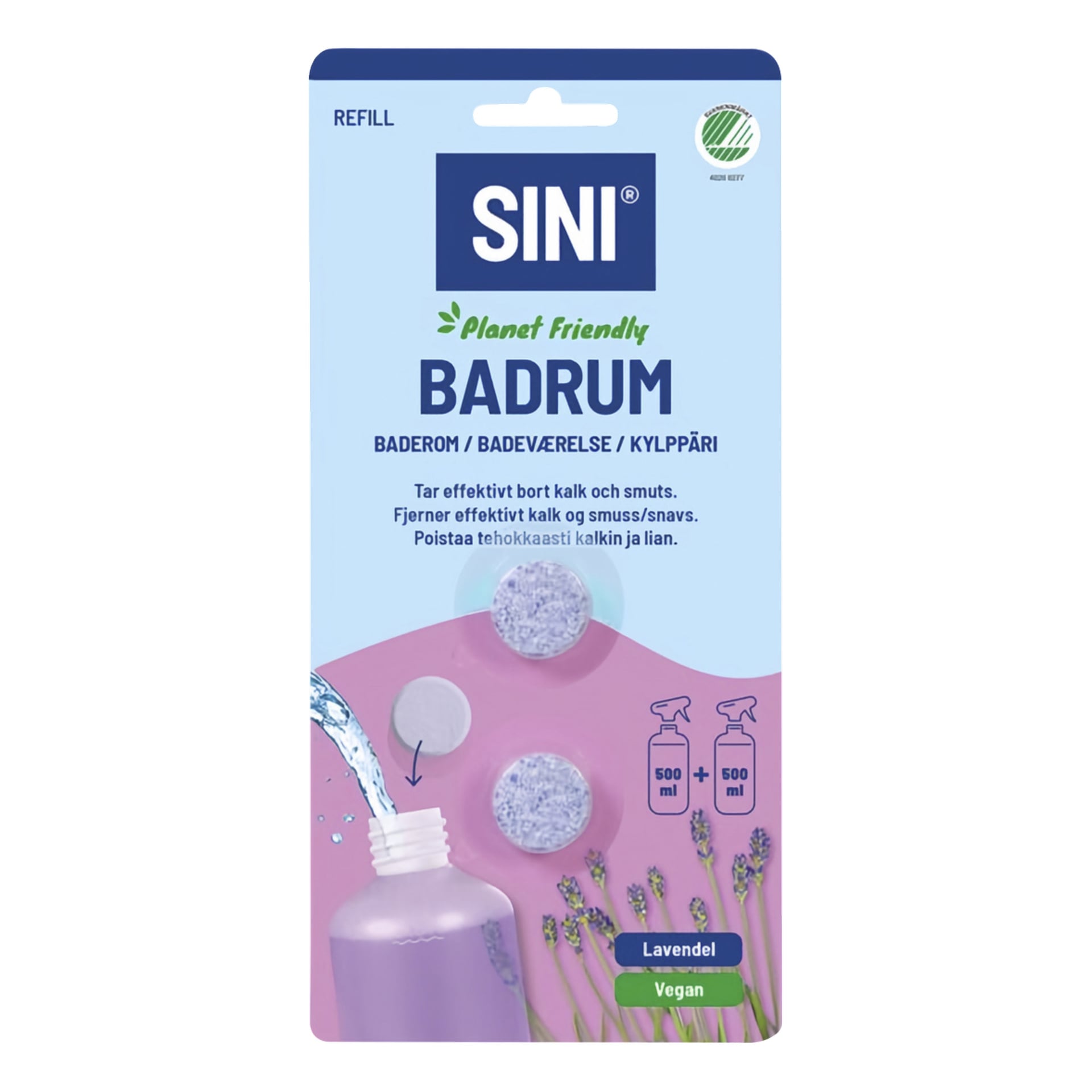 SINI Planet Friendly Badrum-påfyllningstabletter, lavendeldofta, med två tabletter, en lila vätskeflaska, lavendelblommor och produktdetaljer.