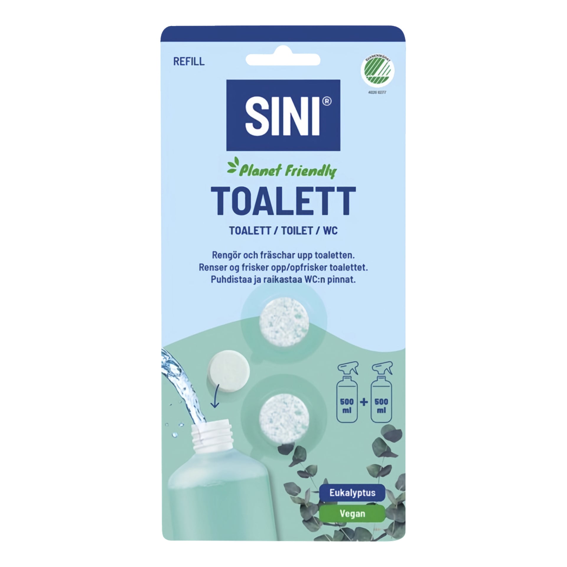 En blå og grønn SINI Planet Friendly toalettrens-påfylltablettpakke med to tabletter, en sprayflaske, eukalyptusblader og produkttekst.