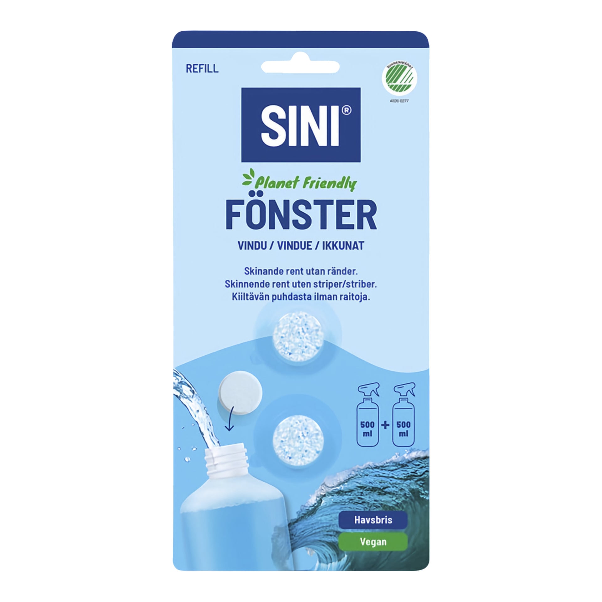 En SINI Planet Friendly vindusrens-påfyllingspakke med to blå tabletter, etiketttekst, bilde av oppløsende nettbrett og vegansk påstand.