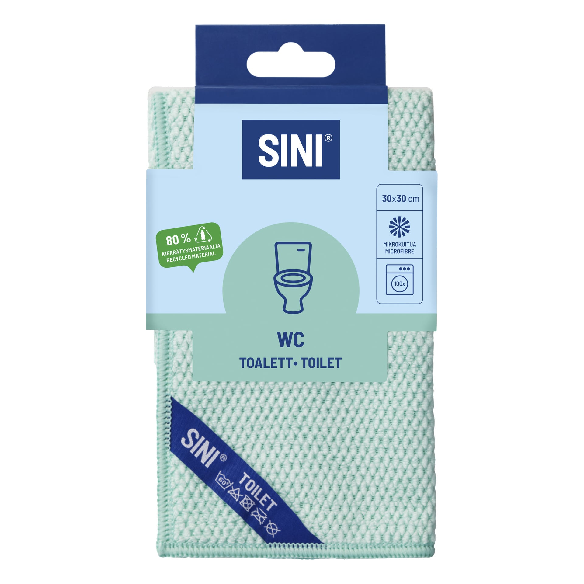 SINI WC-rengöringsdukar, 30x30 cm, i förpackning med en toalettikon, "toalettrengöring" och "80 % återvunnet material".
