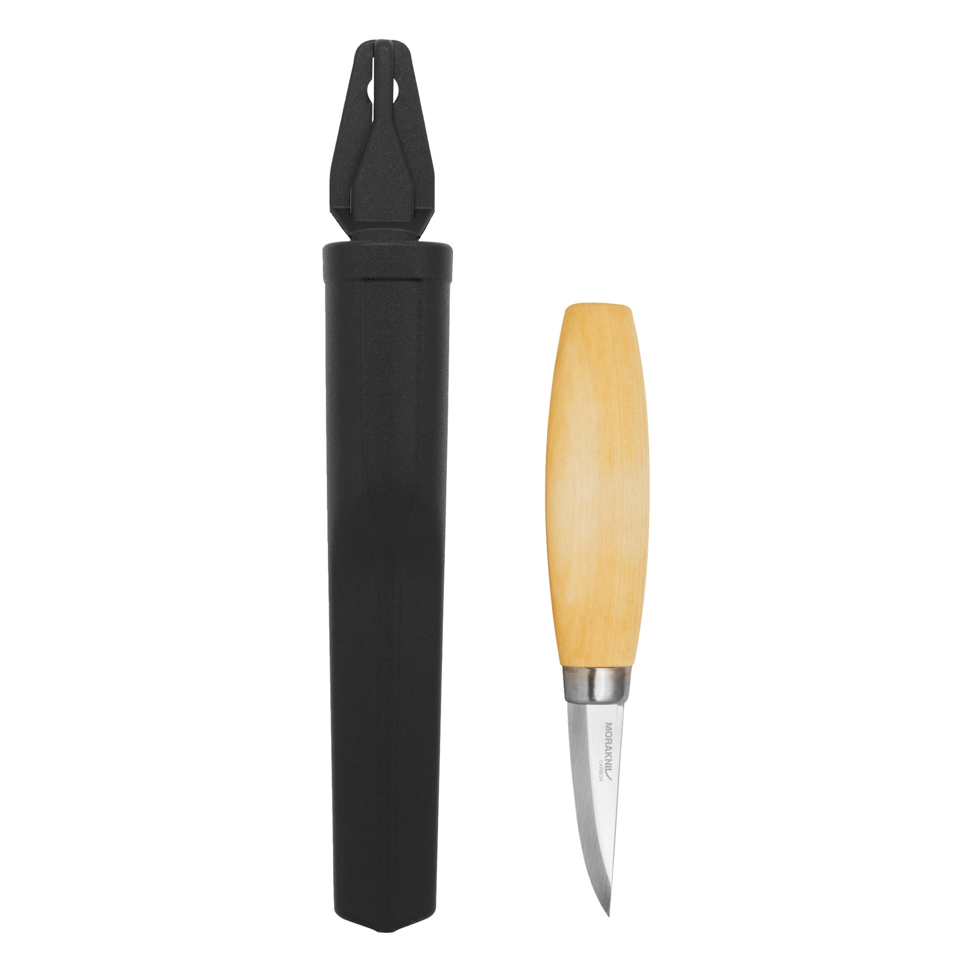 En liten snidkniv med ett blekt trähandtag och ett kort, böjt blad ligger bredvid ett svart plasthölje.