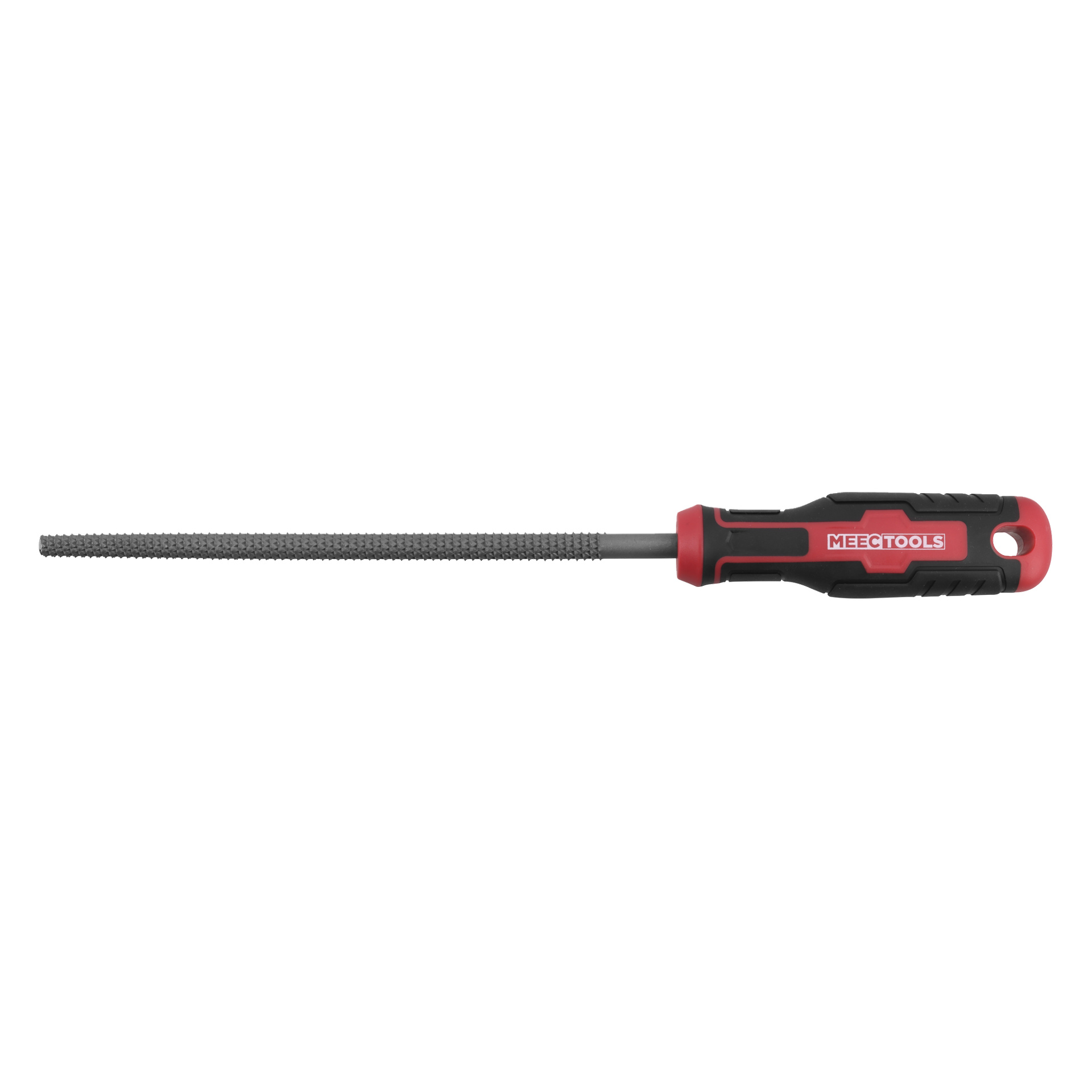 Pyöreä metallinen karhea, jossa on teksturoitu pinta ja musta-punainen kahva, jossa luki MEEC TOOLS.