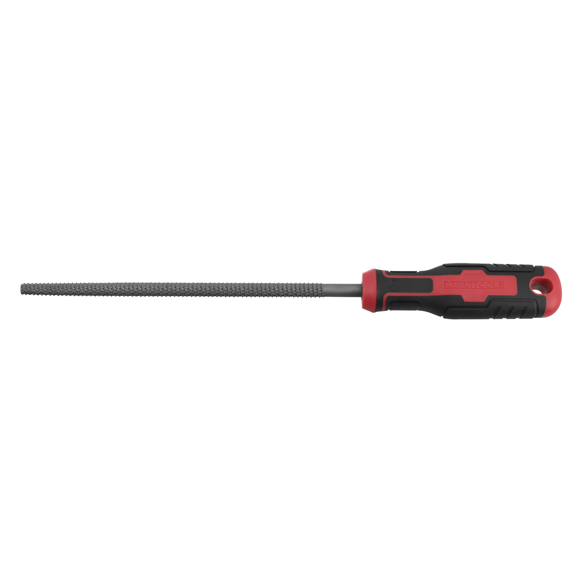 Pyöreä metallinen karhea viila, jossa on teksturoitu pinta ja ergonominen musta-punainen kahva, esitetty vaakasuorassa asennossa.