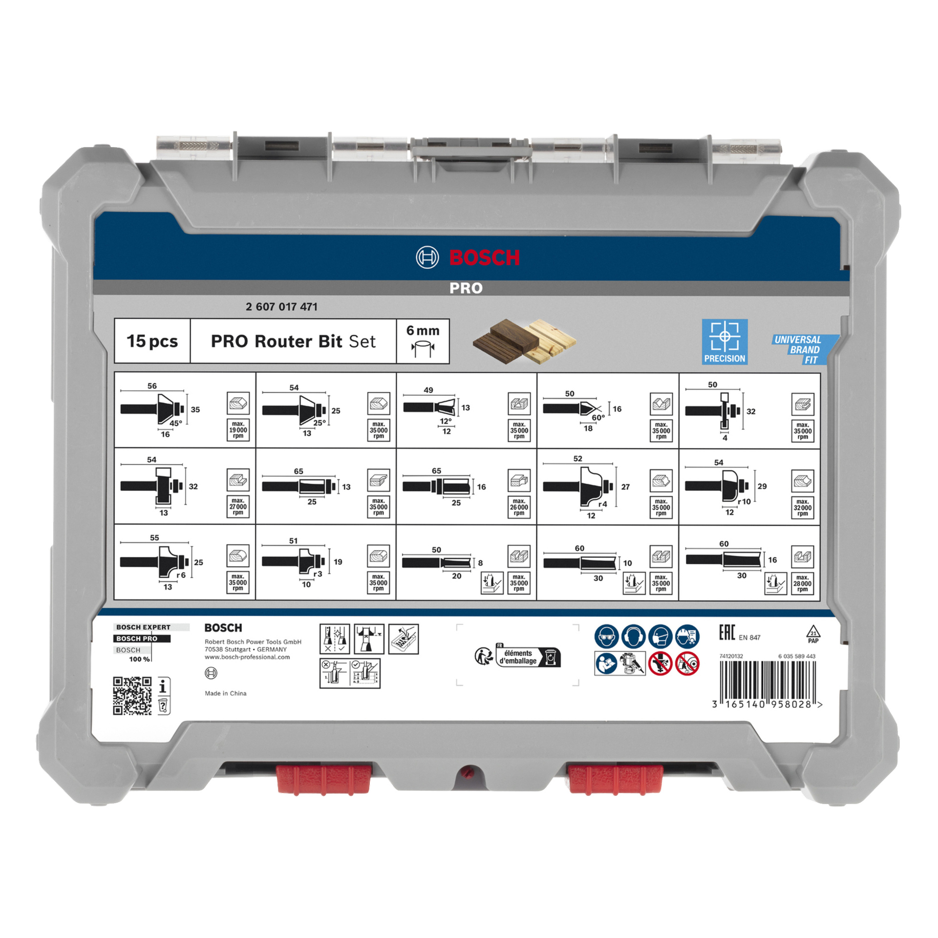 Bosch PRO 15-teiliges Fräsbit in einem grauen Gehäuse, jeder Slot ist mit Bittyp, Größe, Anwendungsanleitung und technischen Informationen beschriftet.