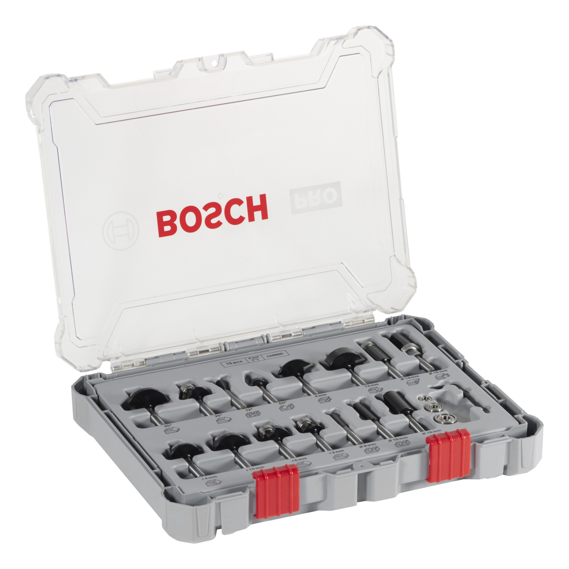 Ein offenes Bosch-Gehäuse aus Kunststoff zeigt ordentlich angeordnete Fräsbits in einzelnen Steckplätzen innerhalb eines grauen Trays unter einem durchsichtigen Deckel.