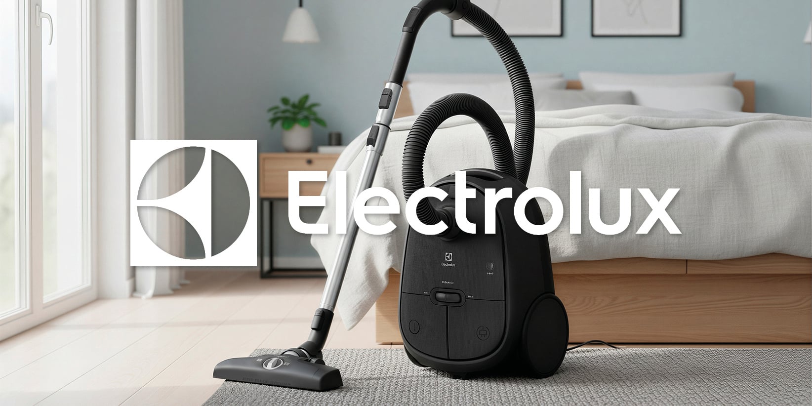 En svart Electrolux kanisterdammsugare står på ett sovrumsgolv bredvid en säng med vita lakan. Electrolux logotyp och namn överlagrar bilden.