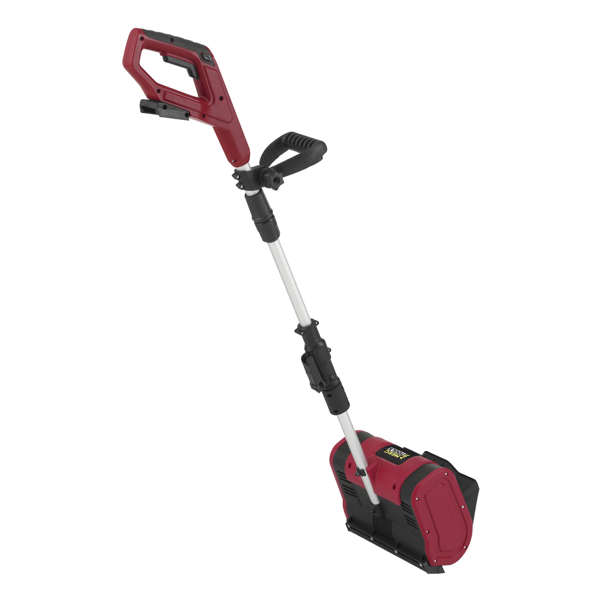 Röd och svart handhållen snöskyffel med ergonomiskt grepp, justerbart handtag, ventilerat rektangulärt huvud och strömbrytare.