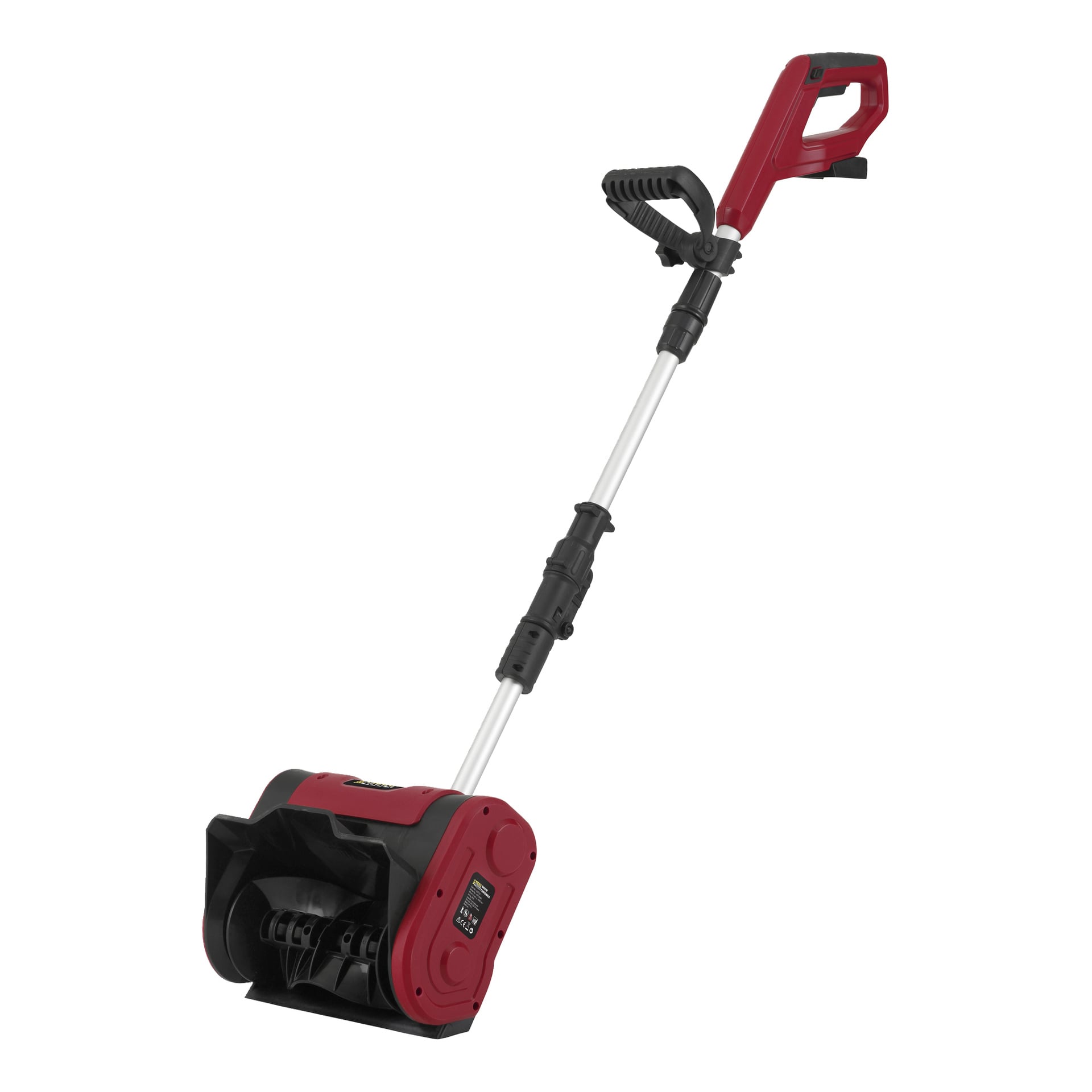 Sladdlös elektrisk snöskyffel i rött och svart, med ergonomiskt grepp, justerbart handtag, synlig skruv och batterifack.
