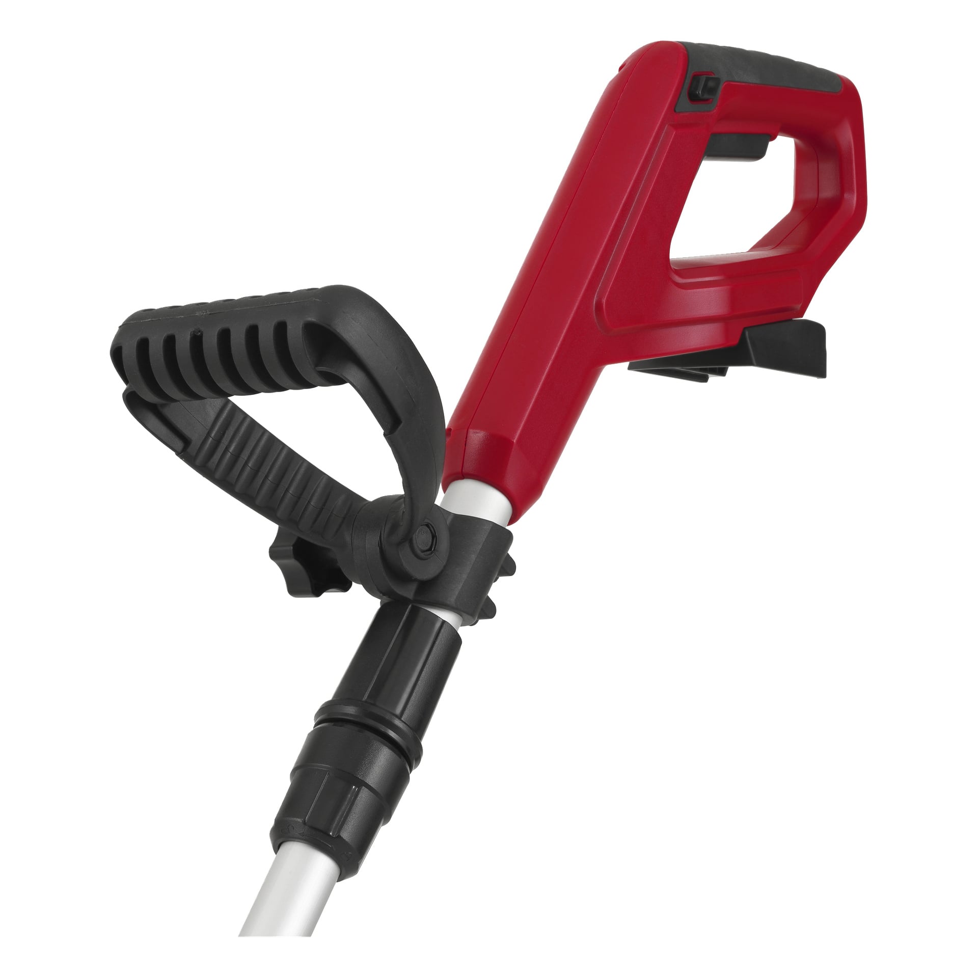 Närbild på ett rött och svart handtag på elverktyget, troligen en trimmer, som framhäver ergonomiskt grepp och justerbar mekanism.